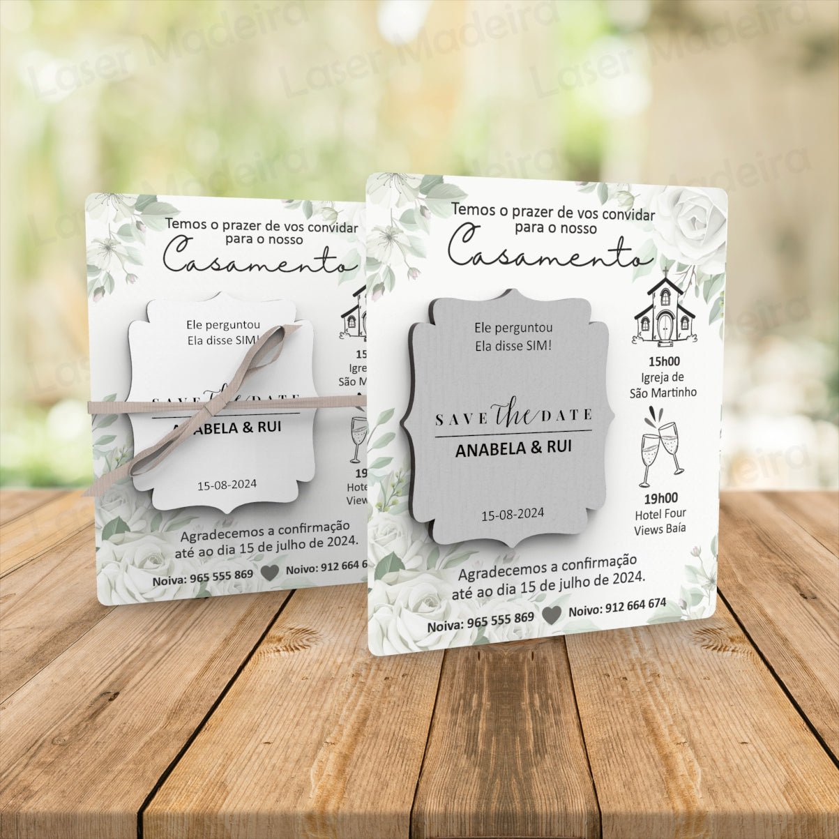 Convite Personalizado para Casamento com Íman e Cartão - Save The Date - Rosas Brancas - Laser Madeira