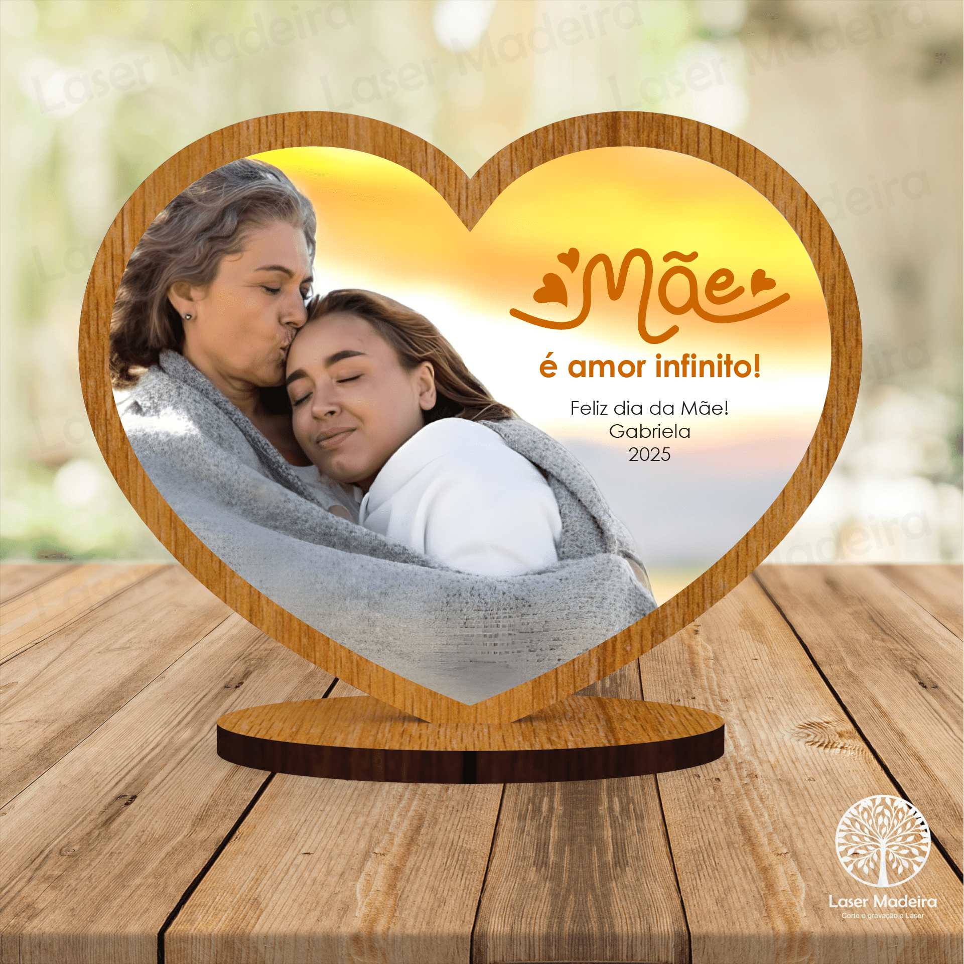 Coração dia da Mãe com Fotografia a Cores (15cm) - Laser Madeira