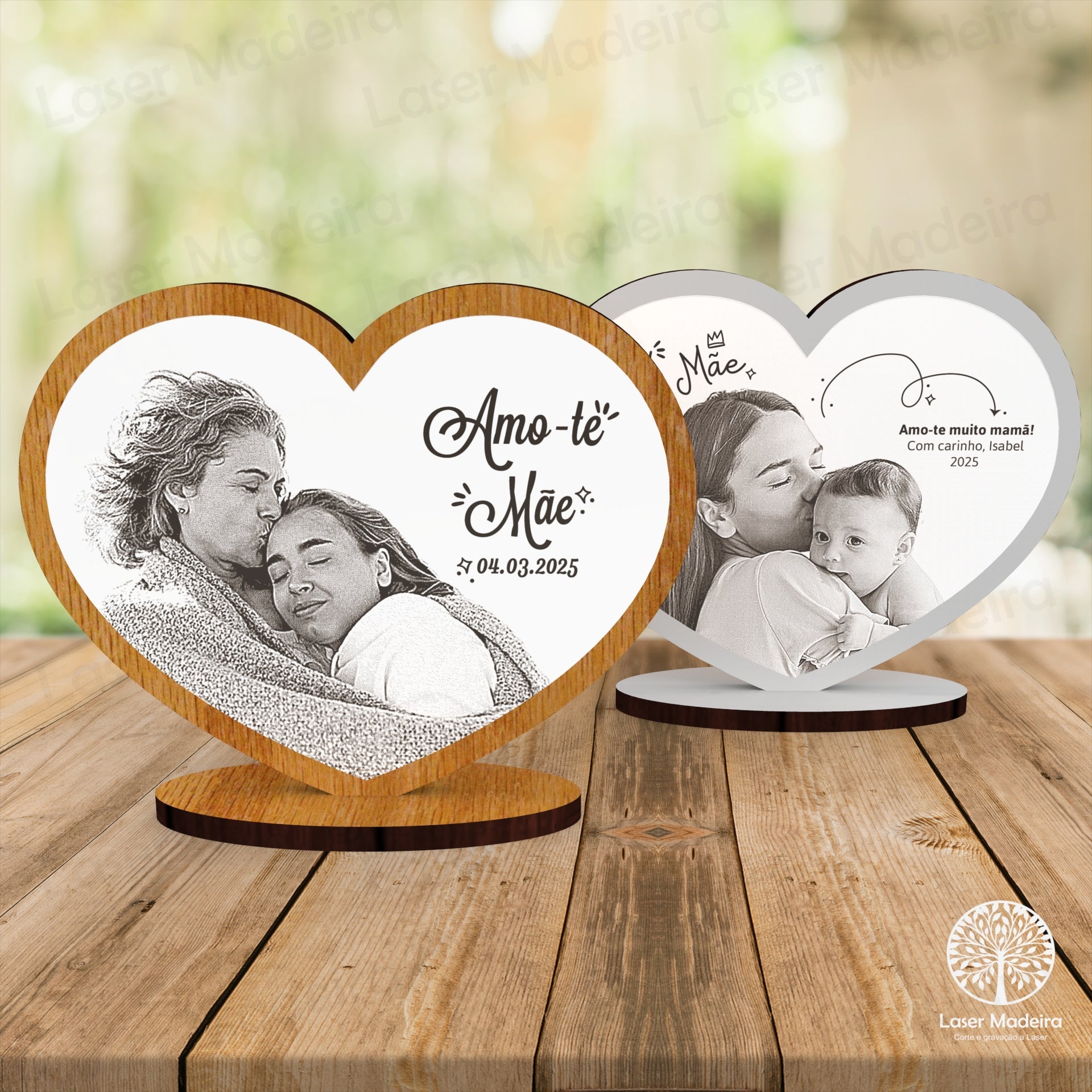 Coração dia da Mãe (com Fotogravação) - Laser Madeira