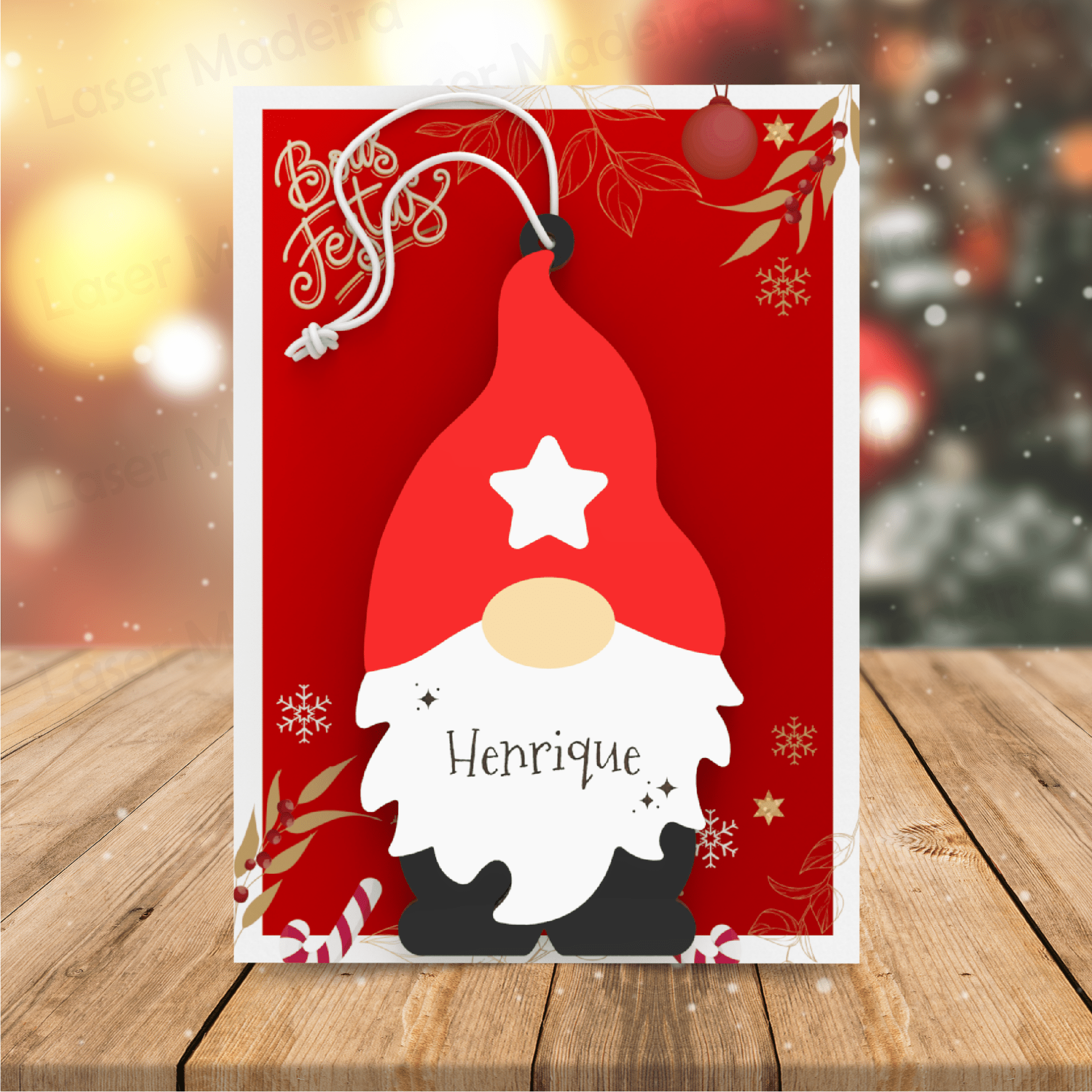 Enfeite de Natal Gnomo Personalizado com nome - Bola de MDF Personalizada - Laser Madeira