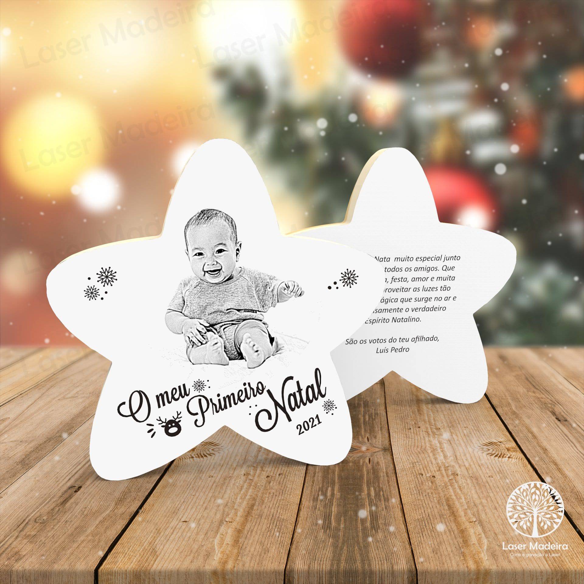 Estrela de Natal com Fotogravação - Modelo 2 - Laser Madeira