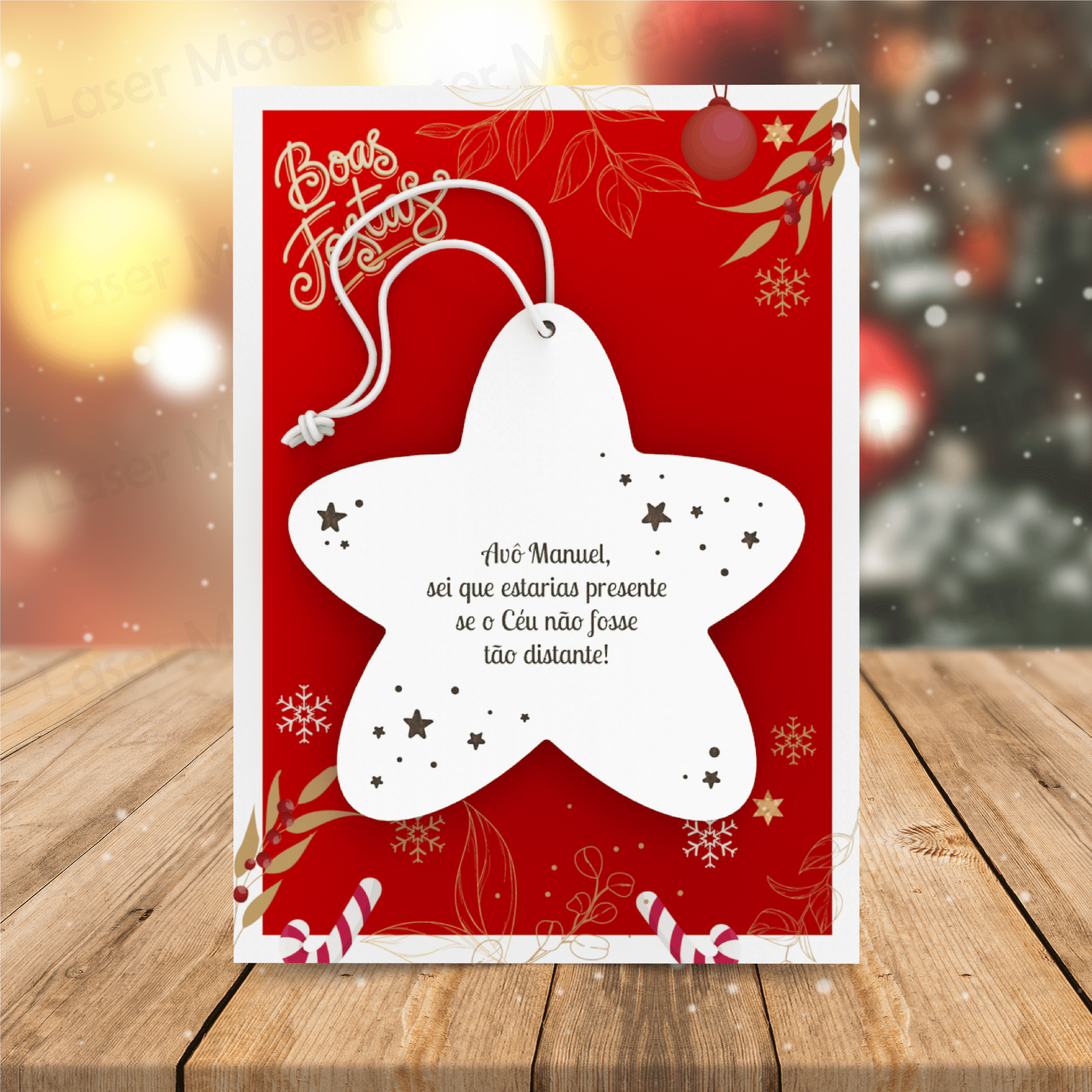 Estrela de Natal Personalizada com Mensagem e Nome - Laser Madeira
