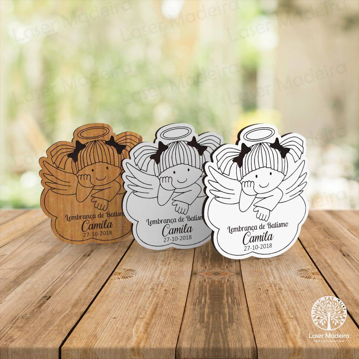 Iman Lembrança Batismo / Primeira Comunhão / Profissão de Fé / Crisma - Anjo na Nuvem - Menina - Laser Madeira