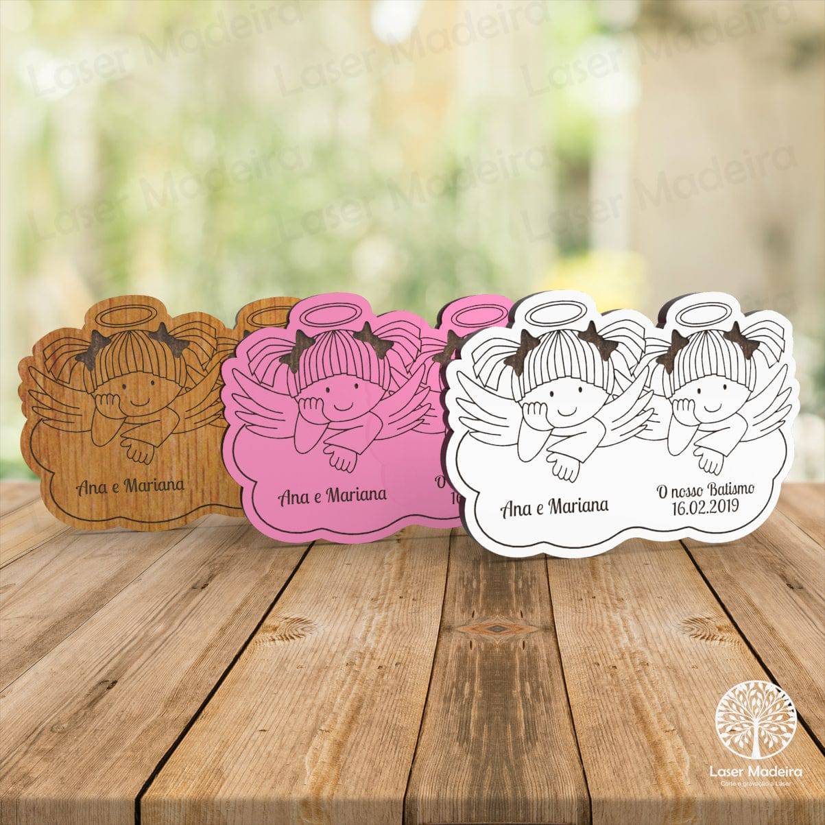 Lembrança Batismo / Primeira Comunhão / Profissão de Fé / Crisma - 2 Anjos Nuvem - Menina + Menina - Laser Madeira