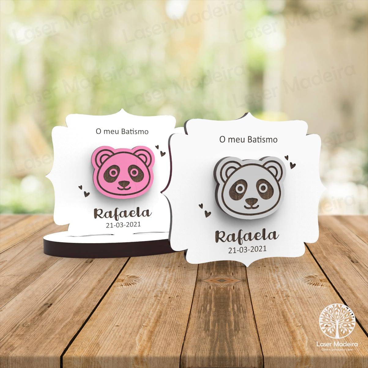 Lembrança Batismo / Primeira Comunhão / Profissão de Fé / Crisma/ Aniversário com aplique Panda - Iman ou base - Laser Madeira