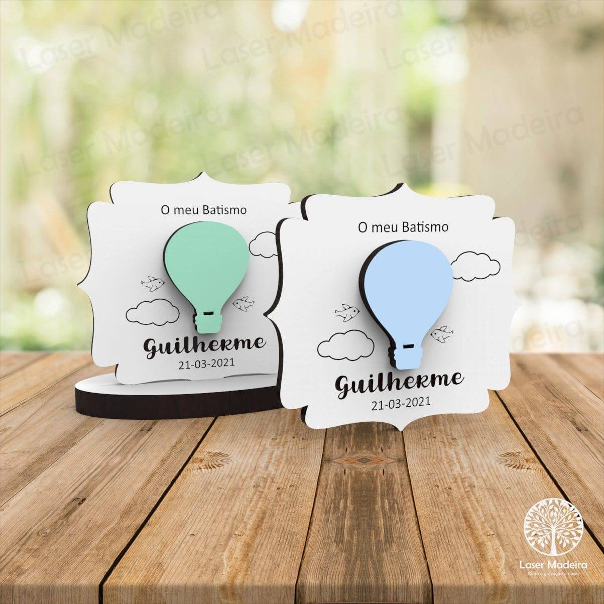 Lembrança Batismo / Primeira Comunhão / Profissão de Fé / Crisma com aplique Balão - Iman ou base - Laser Madeira