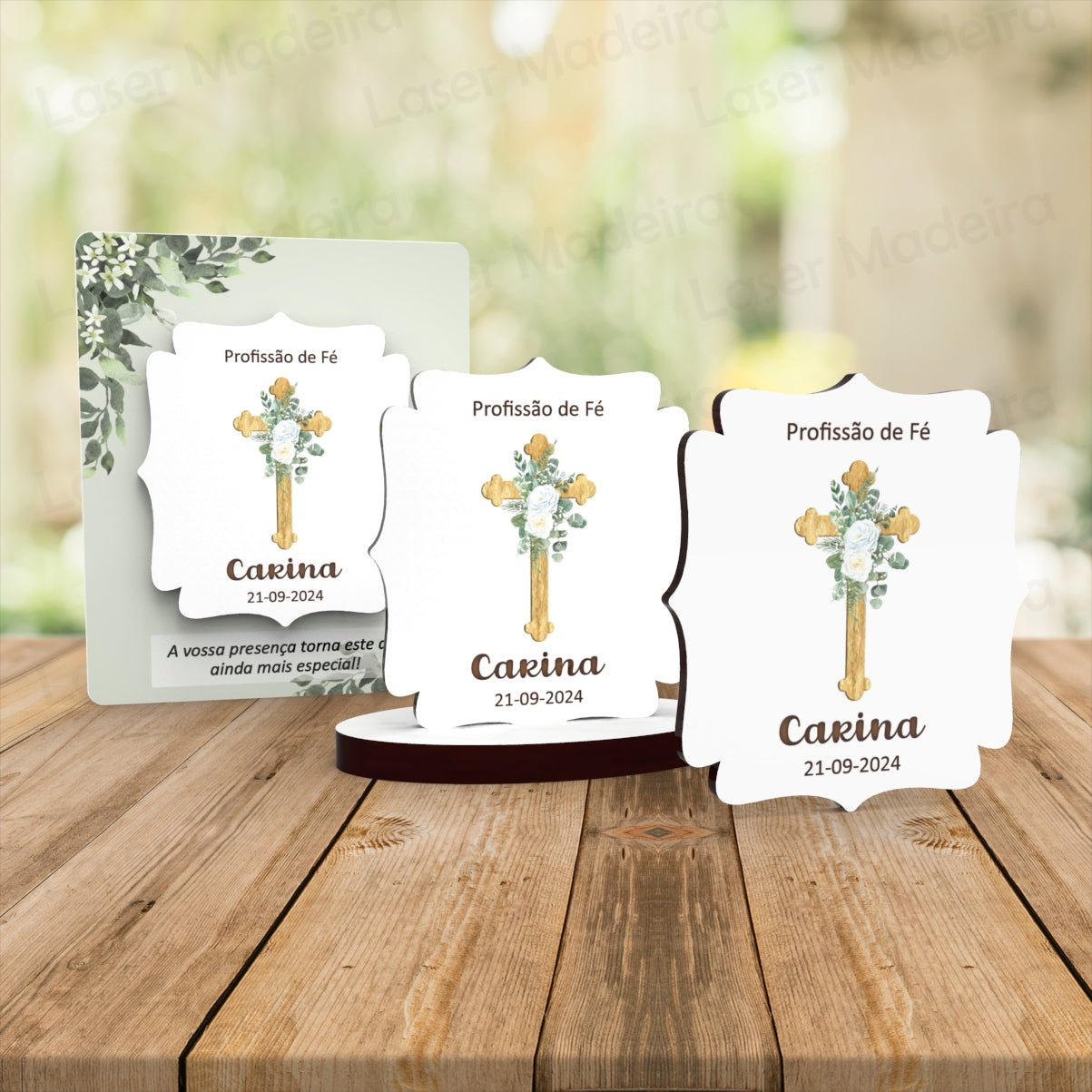 Lembrança Batismo / Primeira Comunhão / Profissão de Fé / Crisma com Cruz UV - Iman ou base - Laser Madeira
