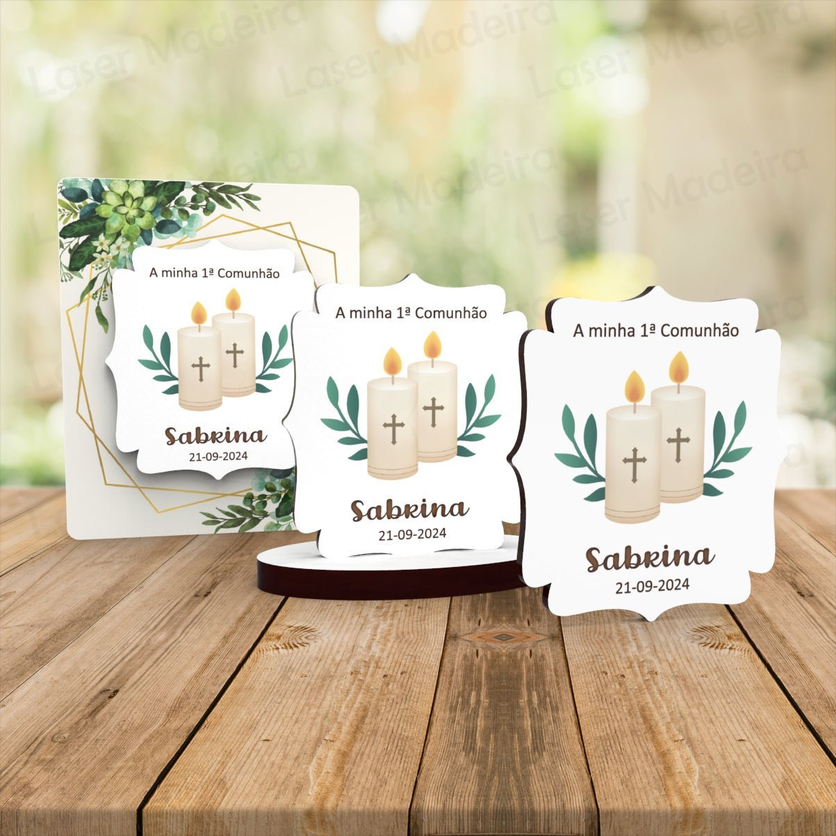 Lembrança Batismo / Primeira Comunhão / Profissão de Fé / Crisma com Velas UV - Iman ou base - Laser Madeira