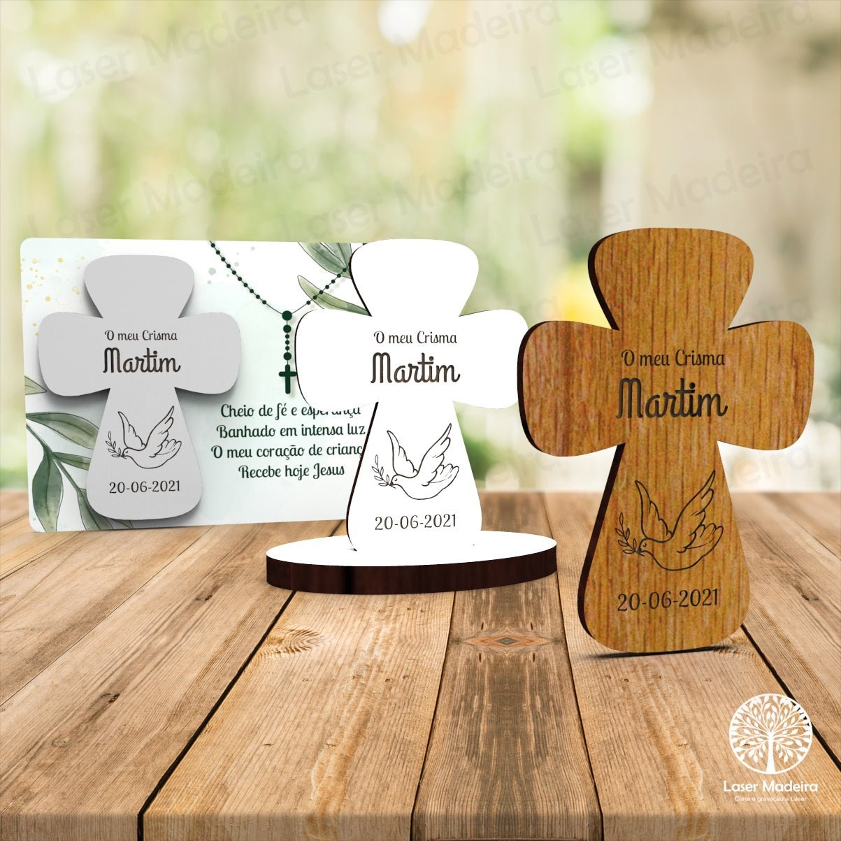 Lembrança Batismo / Primeira Comunhão / Profissão de Fé / Crisma Cruz - Iman ou base - Laser Madeira