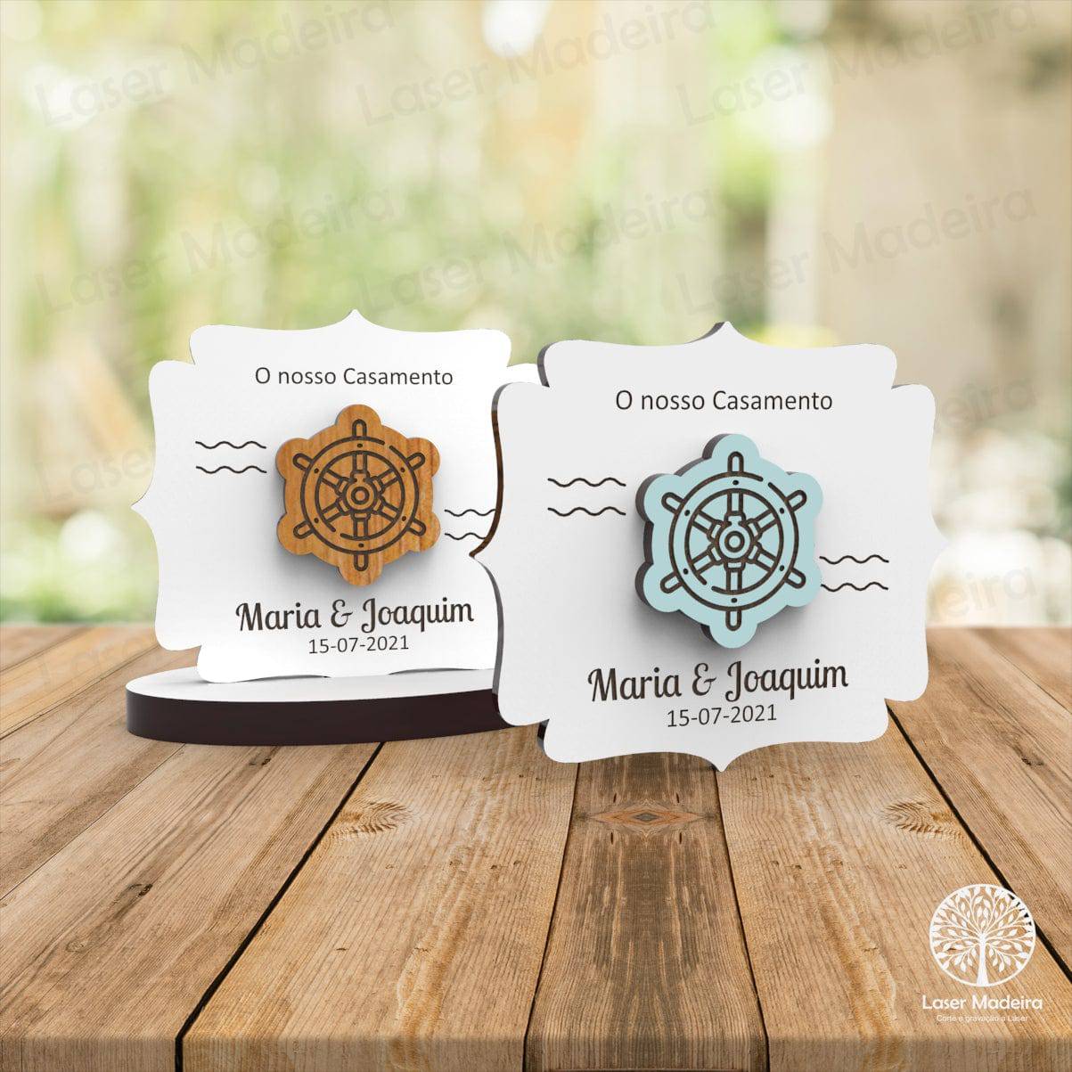 Lembrança Casamento / Batismo / Primeira Comunhão / Profissão de Fé / Crisma / Aniversário com aplique Leme - Iman ou base - Laser Madeira