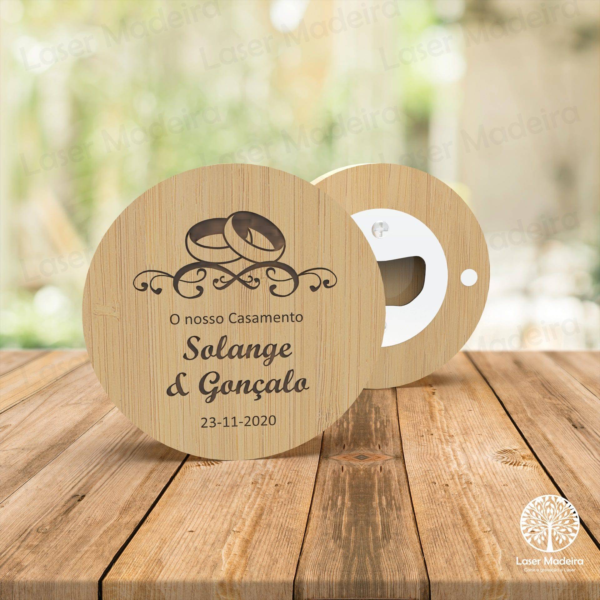 Lembrança Descapsulador em Bambu - Alianças - Laser Madeira