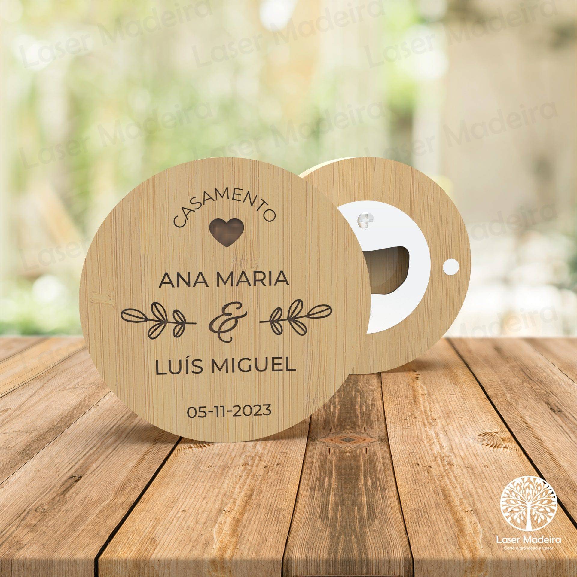 Lembrança Descapsulador em Bambu - Casamento - Laser Madeira