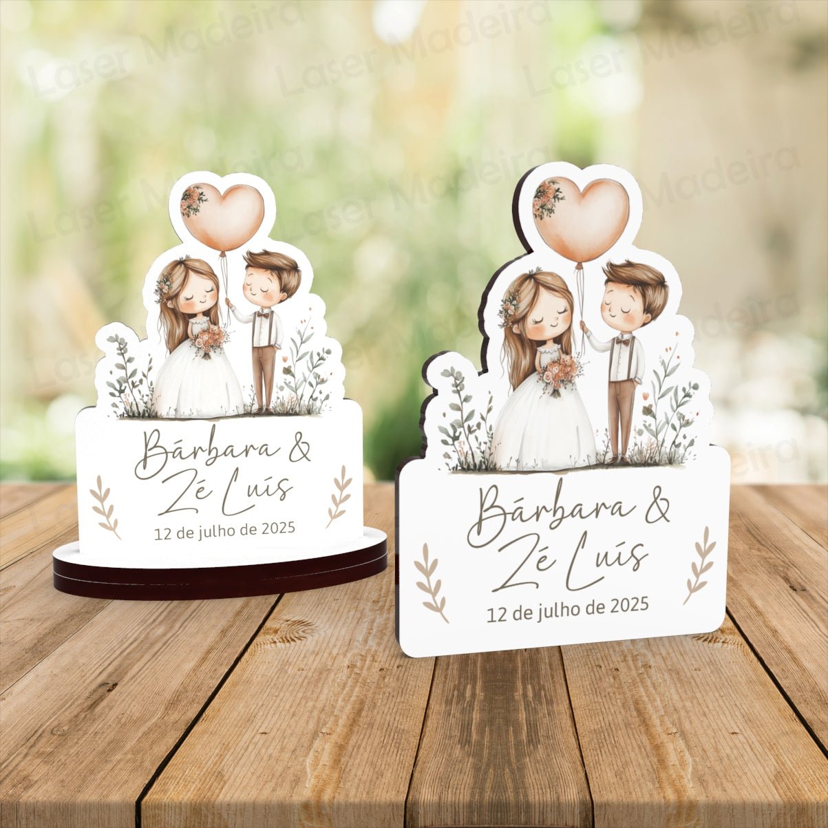 Lembrança Personalizada Casamento - Casal Noivos com balão - Iman ou base - Laser Madeira