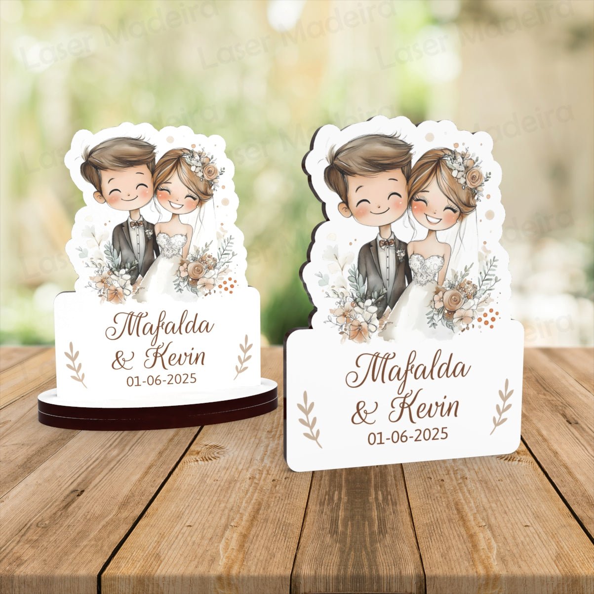 Lembrança Personalizada Casamento - Casal Noivos - Iman ou base - Laser Madeira
