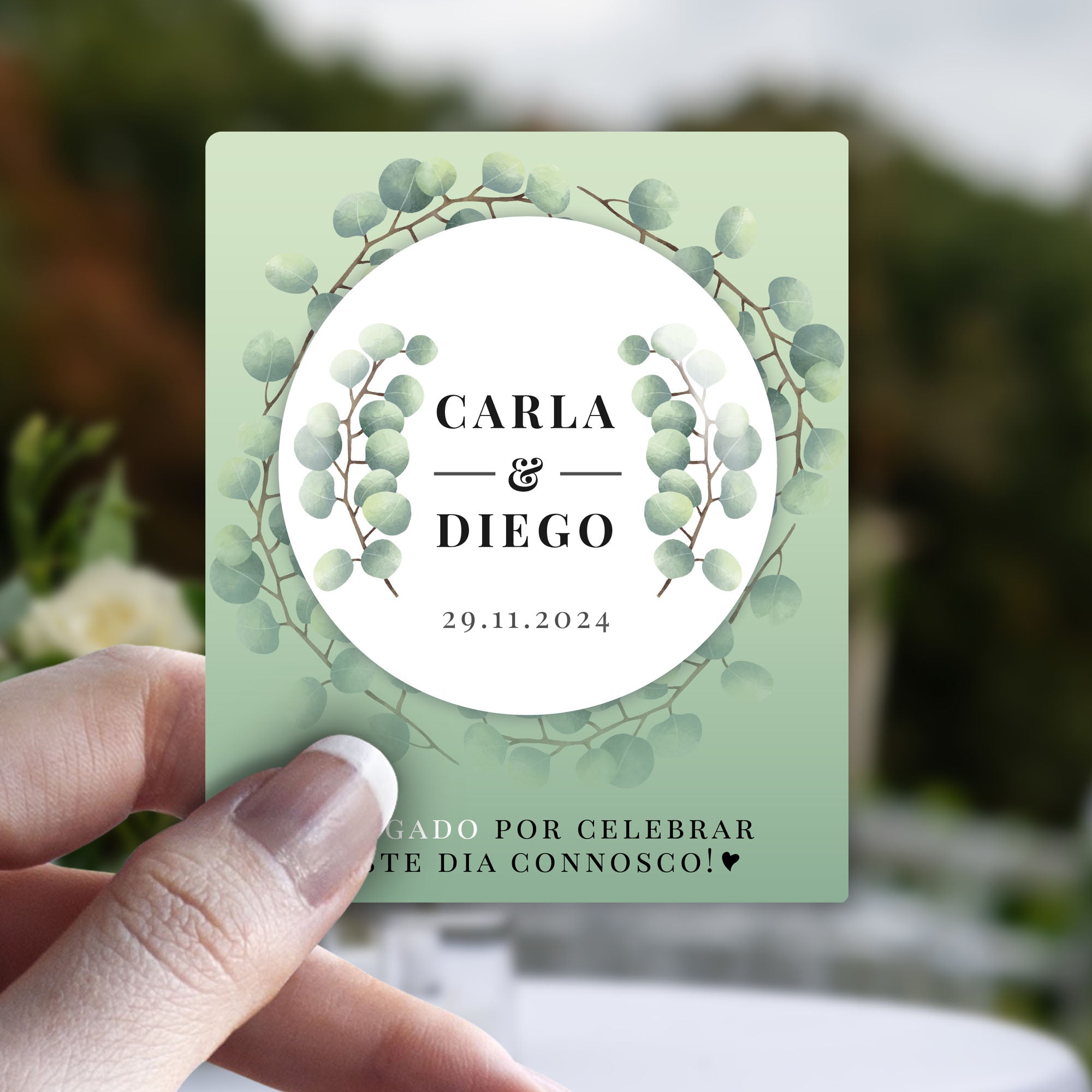 Lembrança Personalizada de Casamento - com Folhas Verdes - Laser Madeira