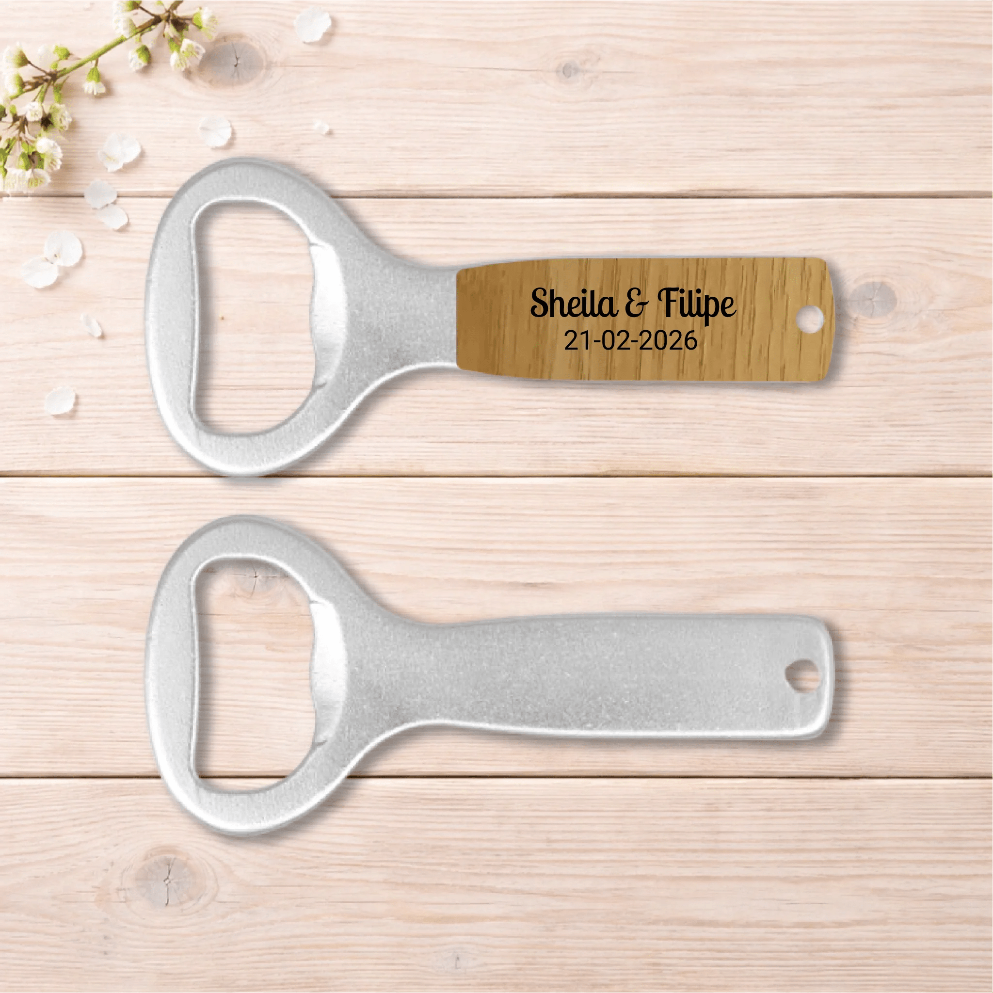 Lembrança Personalizada de Casamento - Descapsulador - Abre Garrafas - Laser Madeira