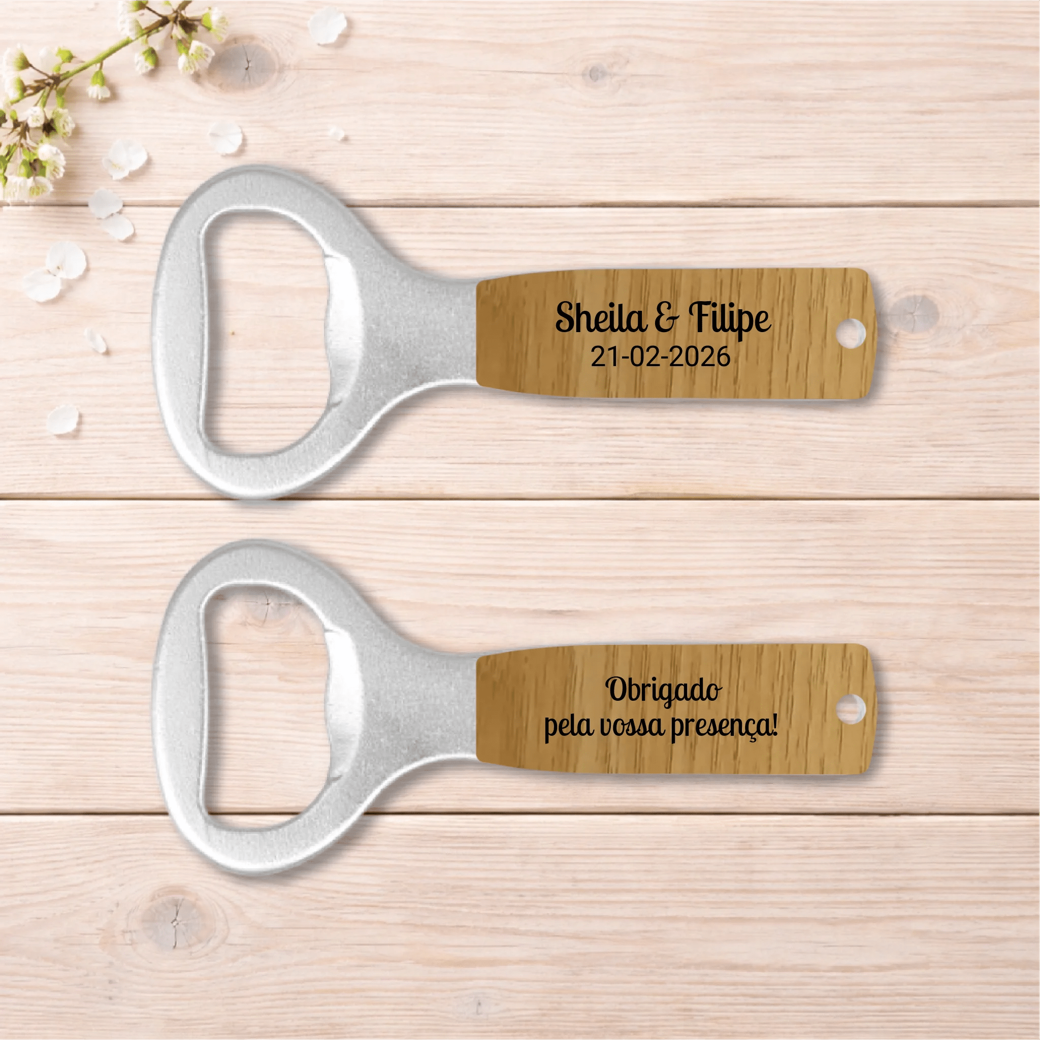 Lembrança Personalizada de Casamento - Descapsulador - Abre Garrafas - Laser Madeira