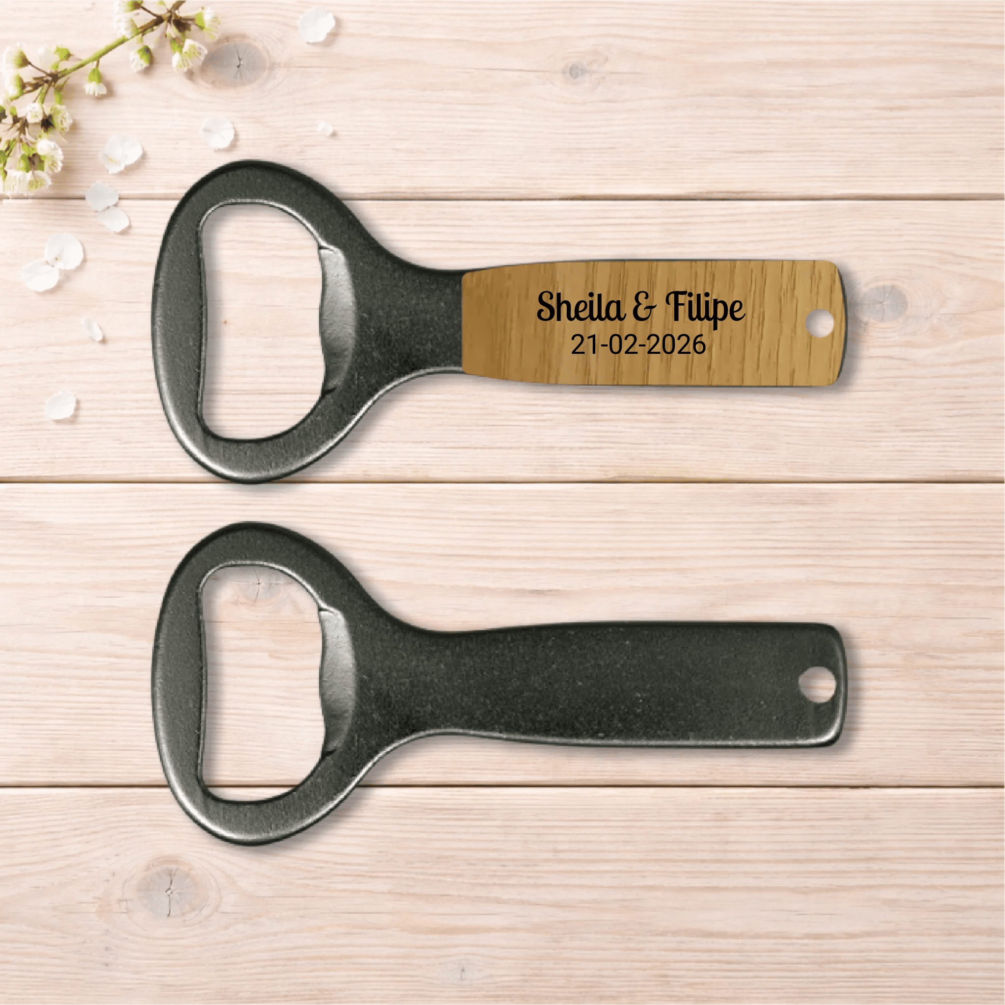 Lembrança Personalizada de Casamento - Descapsulador - Abre Garrafas - Laser Madeira