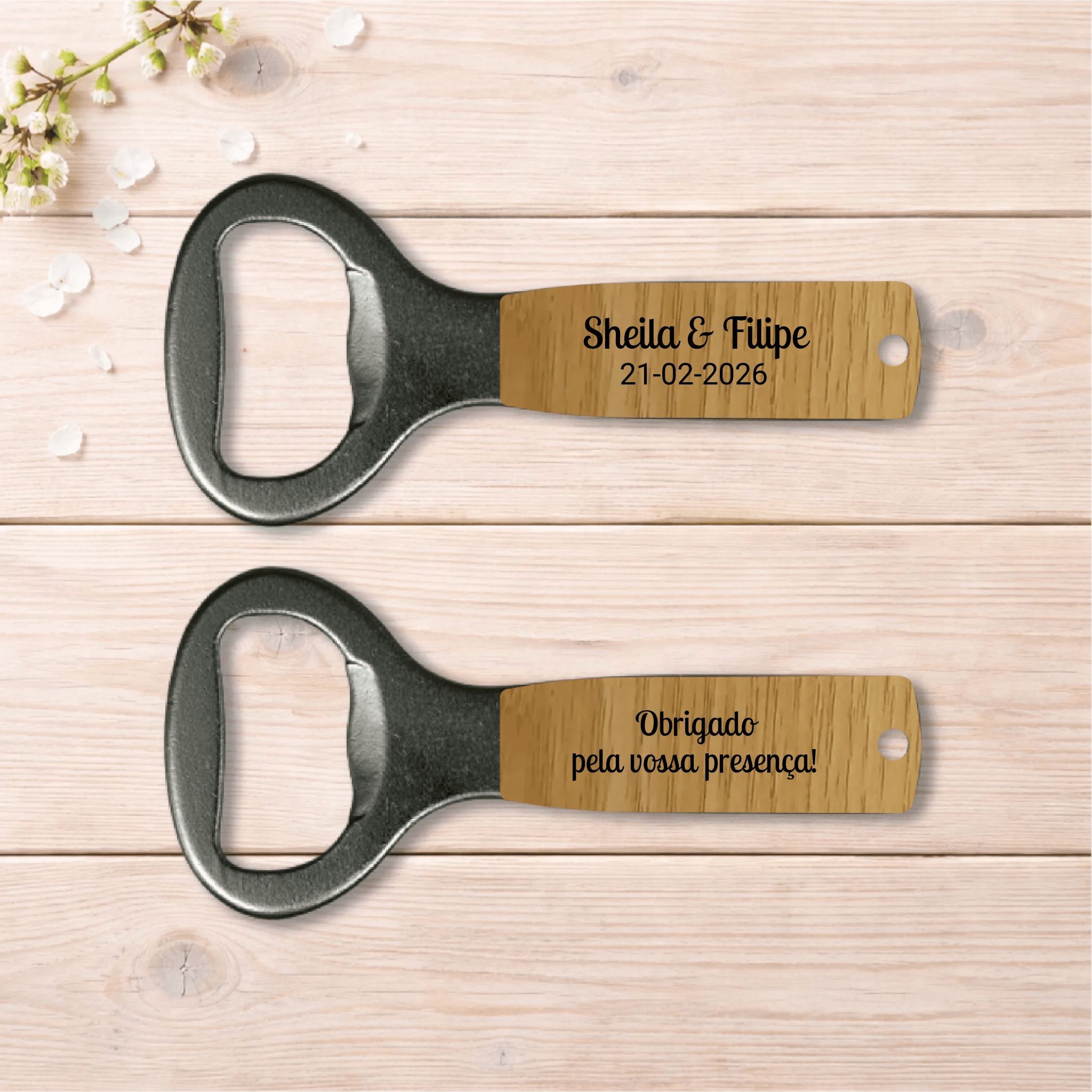 Lembrança Personalizada de Casamento - Descapsulador - Abre Garrafas - Laser Madeira