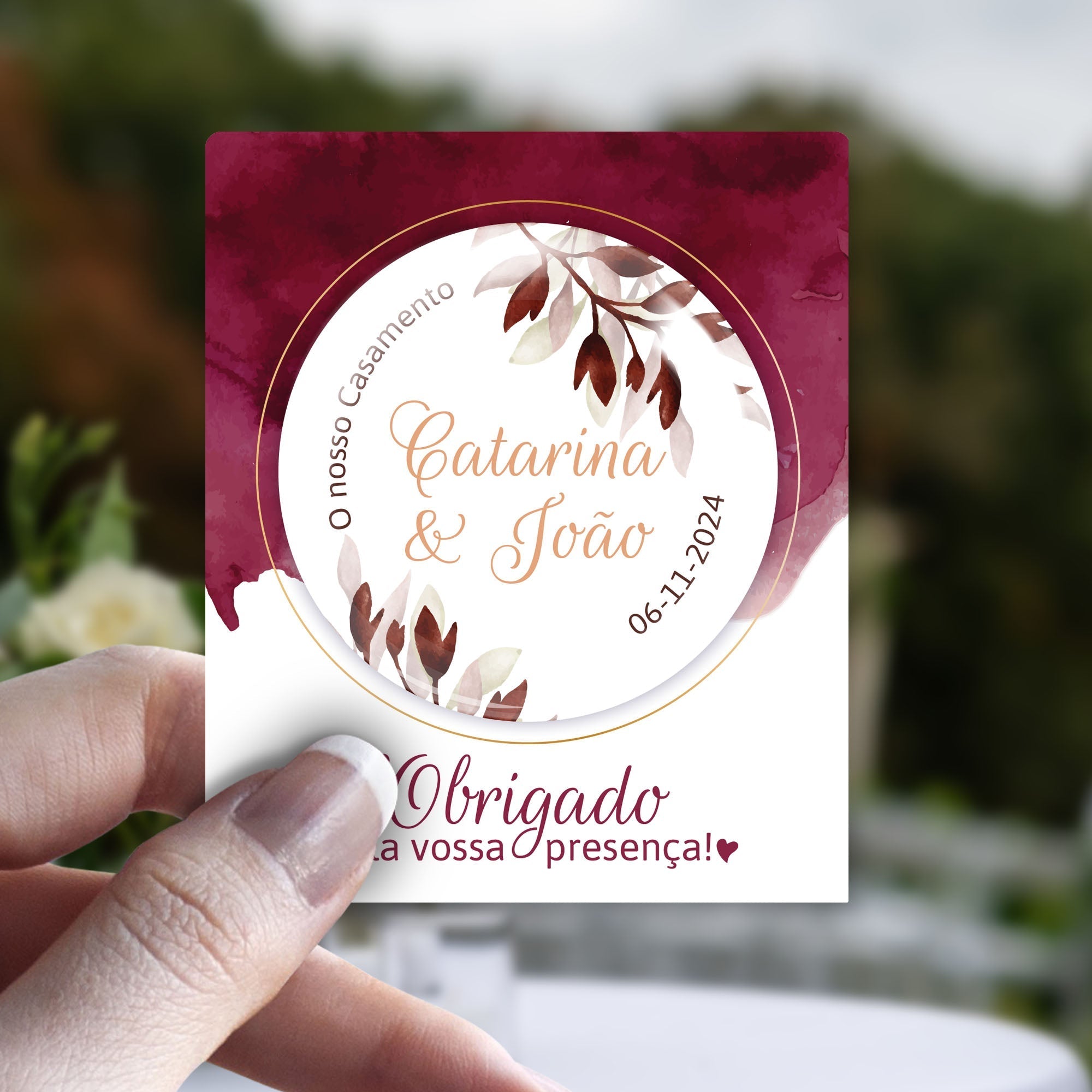 Lembrança Personalizada de Casamento - Vermelho Bordeaux - Laser Madeira