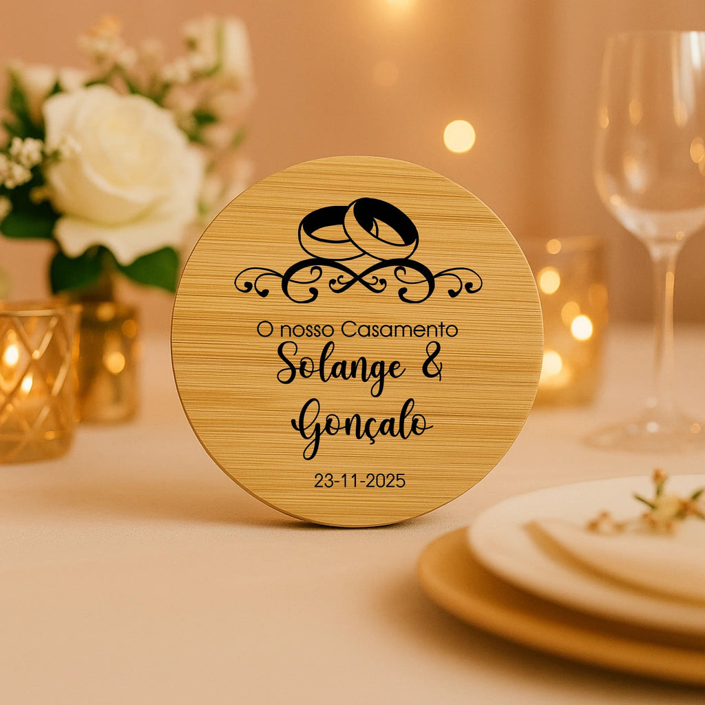 Lembrança Personalizada Descapsulador/ Espelho/ Base para Copos em Bambu - Alianças de Casamento - Laser Madeira