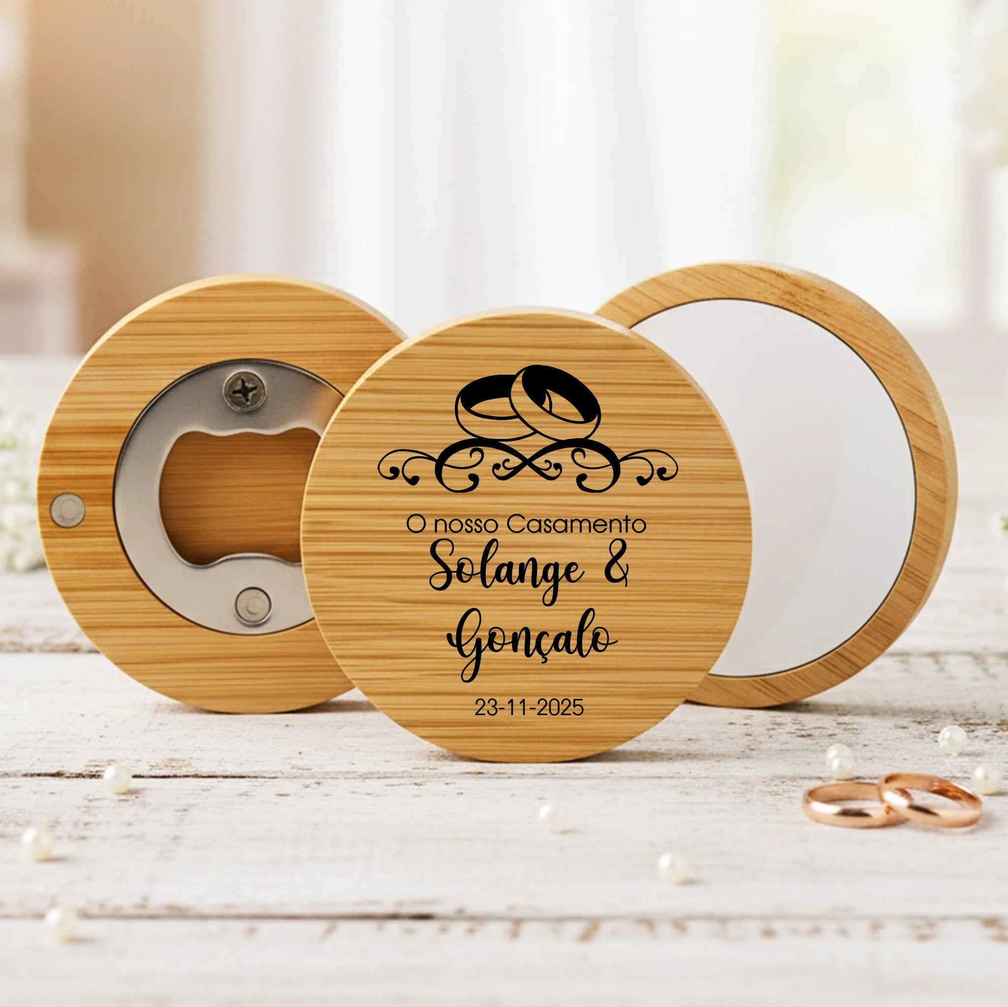 Lembrança Personalizada Descapsulador/ Espelho/ Base para Copos em Bambu - Alianças de Casamento - Laser Madeira