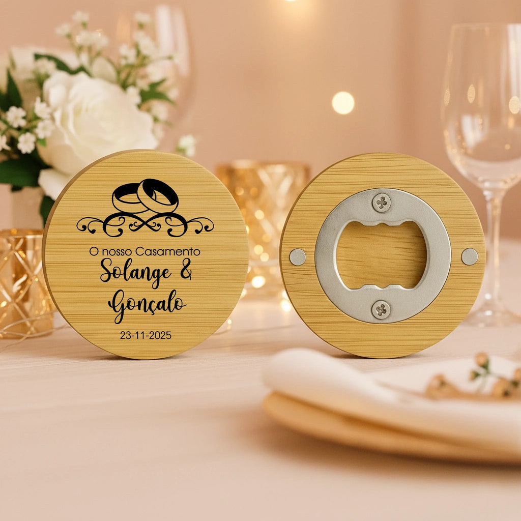 Lembrança Personalizada Descapsulador/ Espelho/ Base para Copos em Bambu - Alianças de Casamento - Laser Madeira