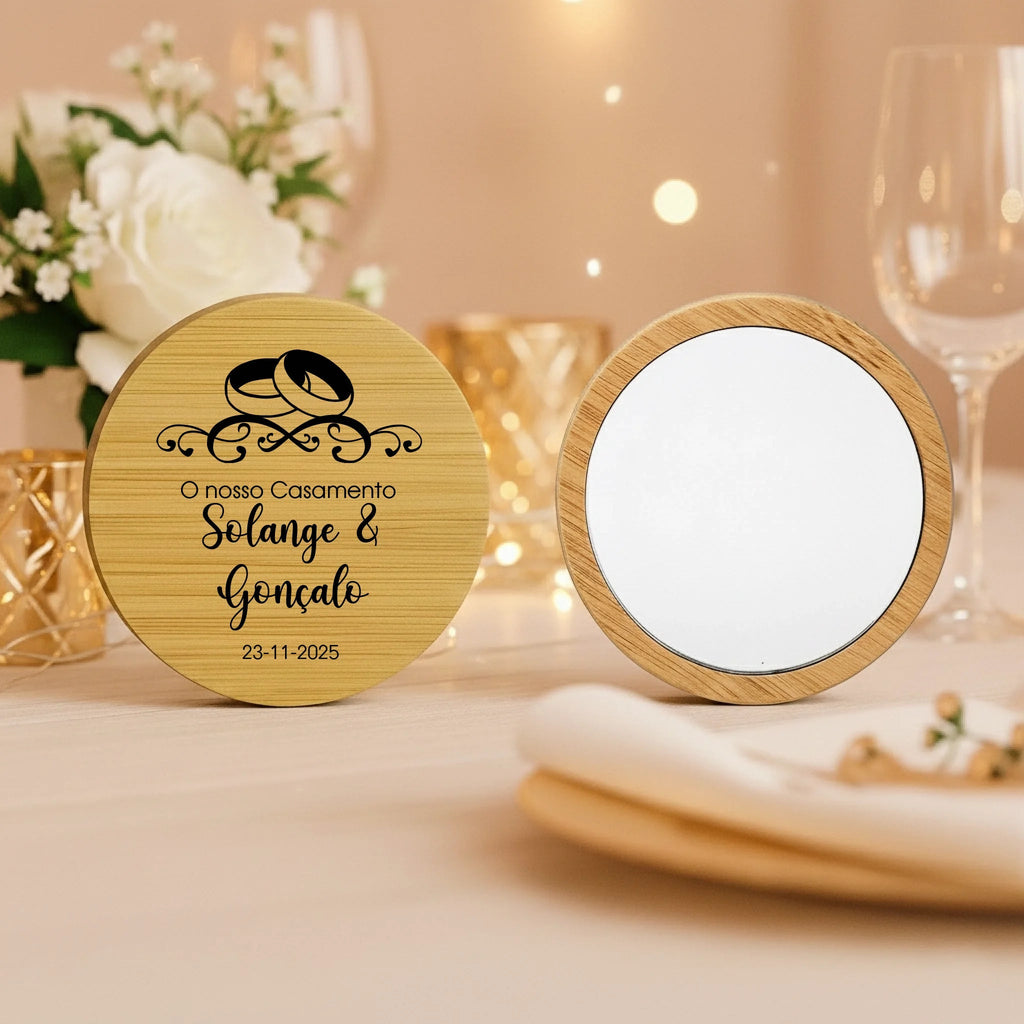 Lembrança Personalizada Descapsulador/ Espelho/ Base para Copos em Bambu - Alianças de Casamento - Laser Madeira