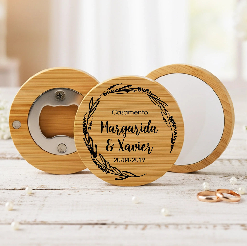 Lembrança Personalizada Descapsulador/ Espelho/ Base para Copos em Bambu - Aro Floral - Laser Madeira