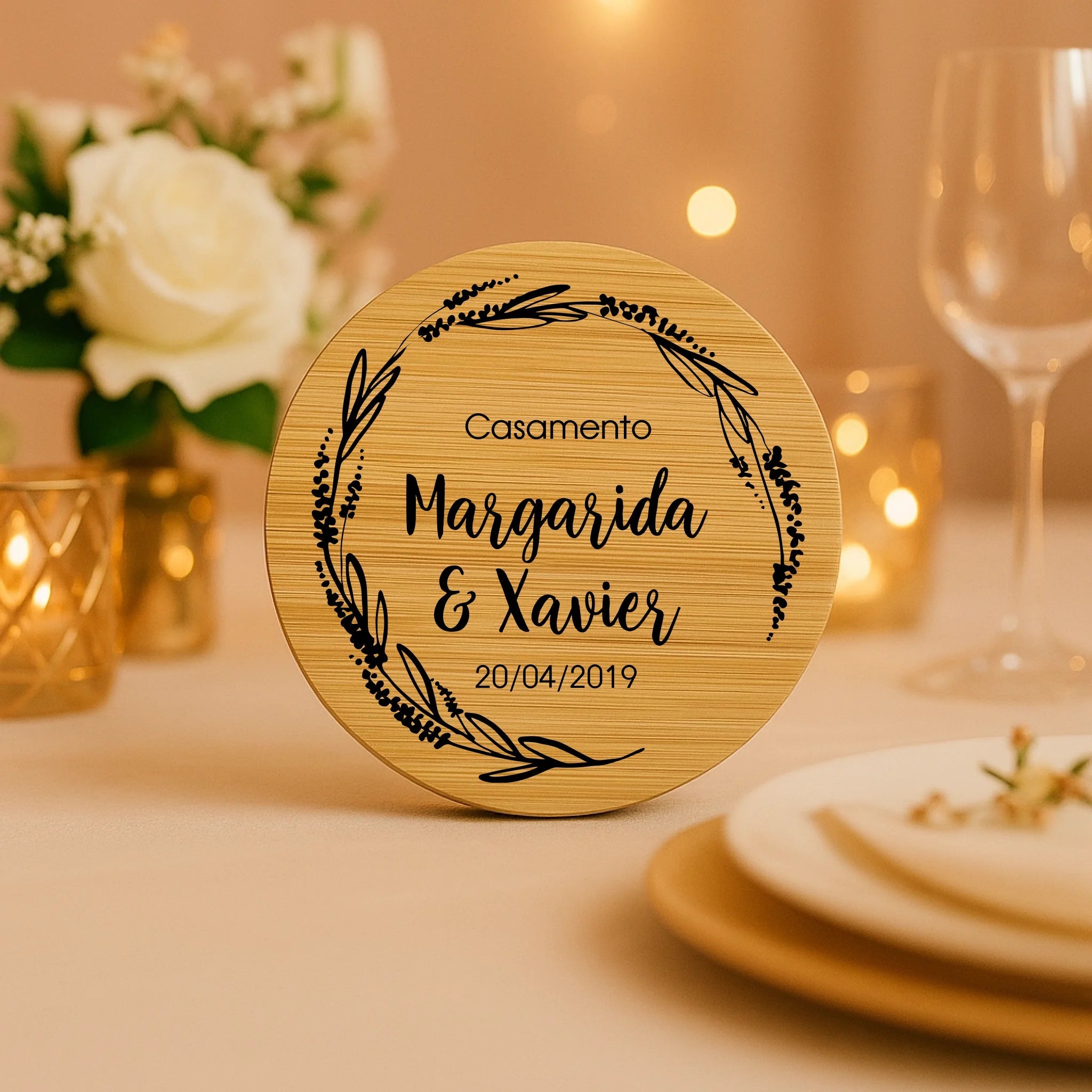 Lembrança Personalizada Descapsulador/ Espelho/ Base para Copos em Bambu - Aro Floral - Laser Madeira