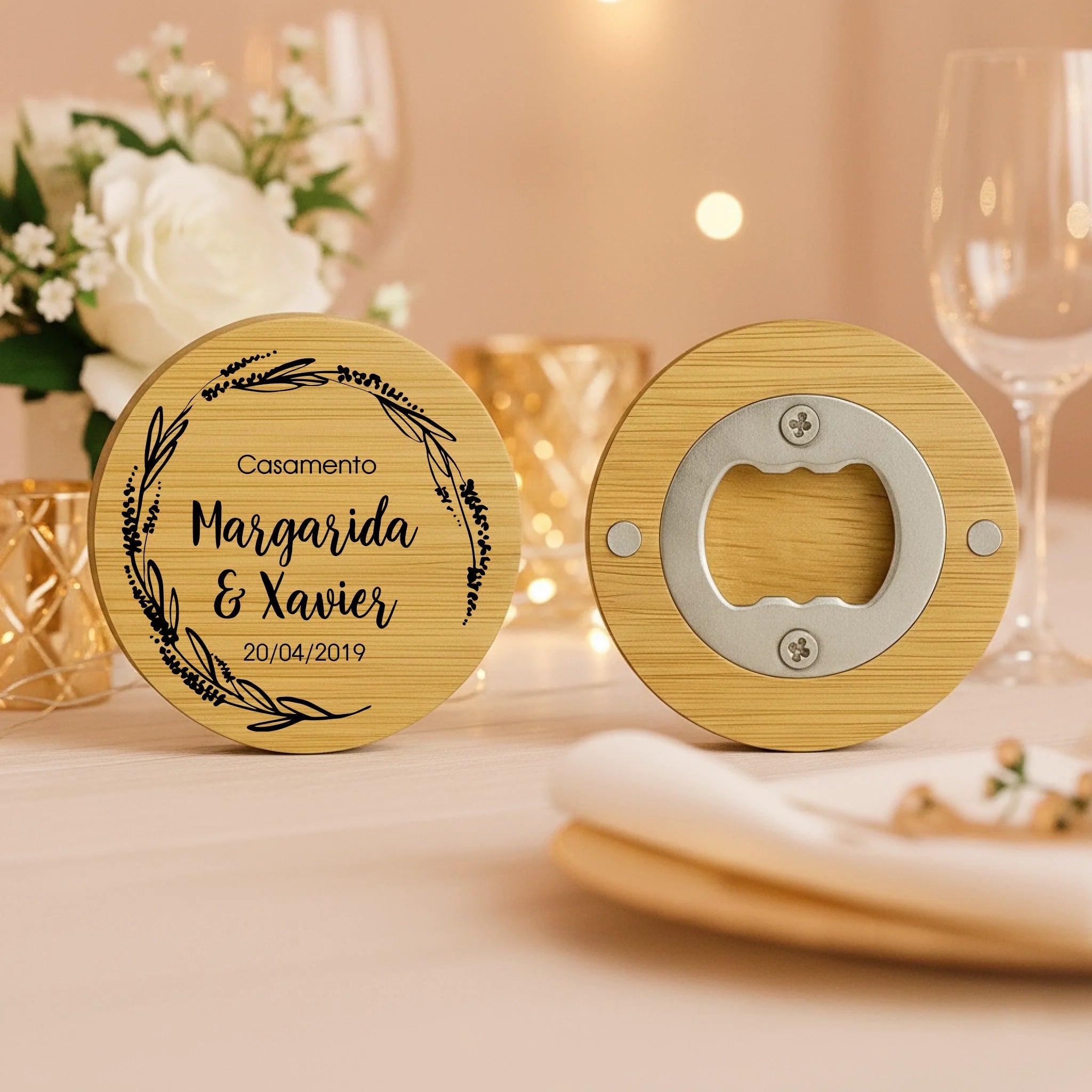 Lembrança Personalizada Descapsulador/ Espelho/ Base para Copos em Bambu - Aro Floral - Laser Madeira