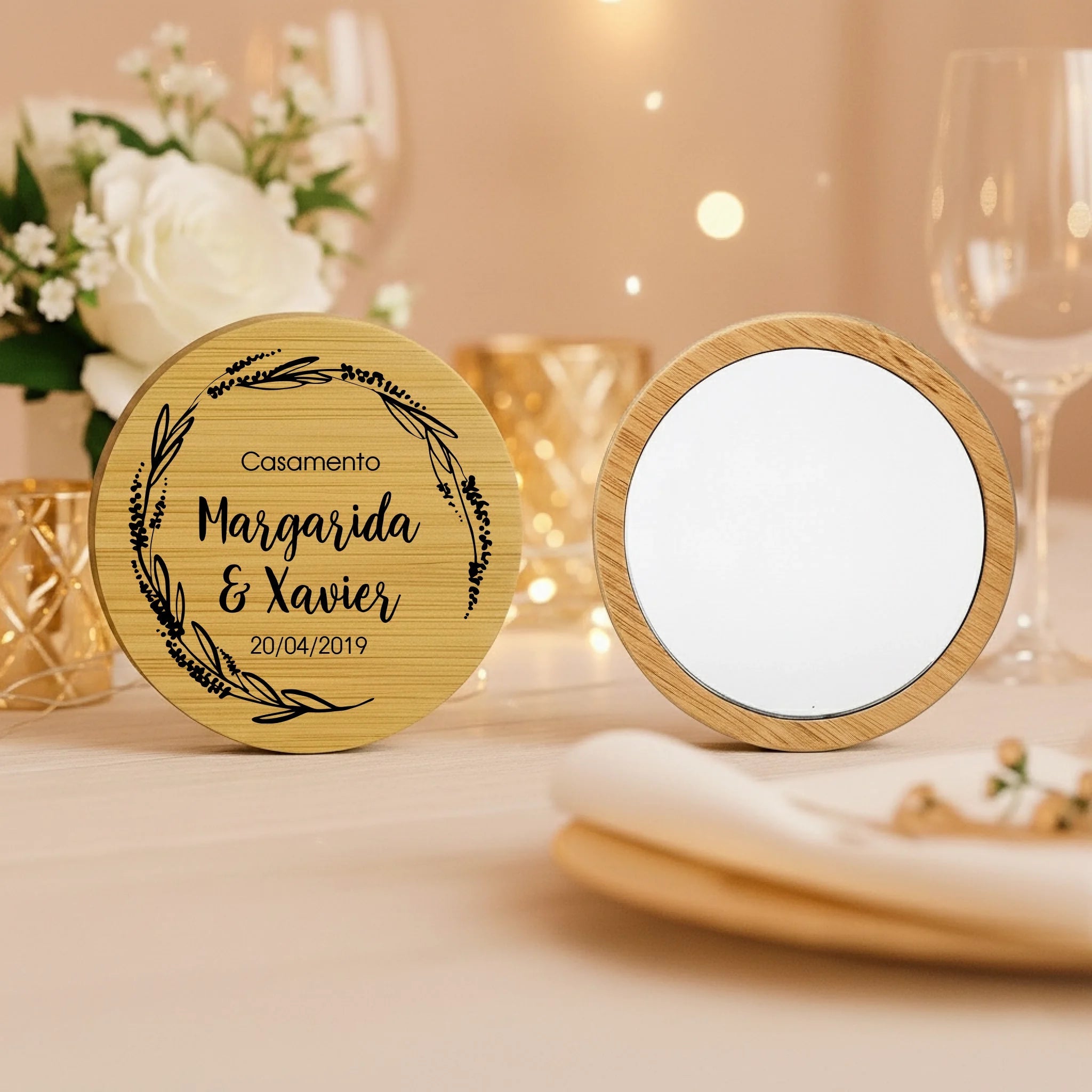 Lembrança Personalizada Descapsulador/ Espelho/ Base para Copos em Bambu - Aro Floral - Laser Madeira