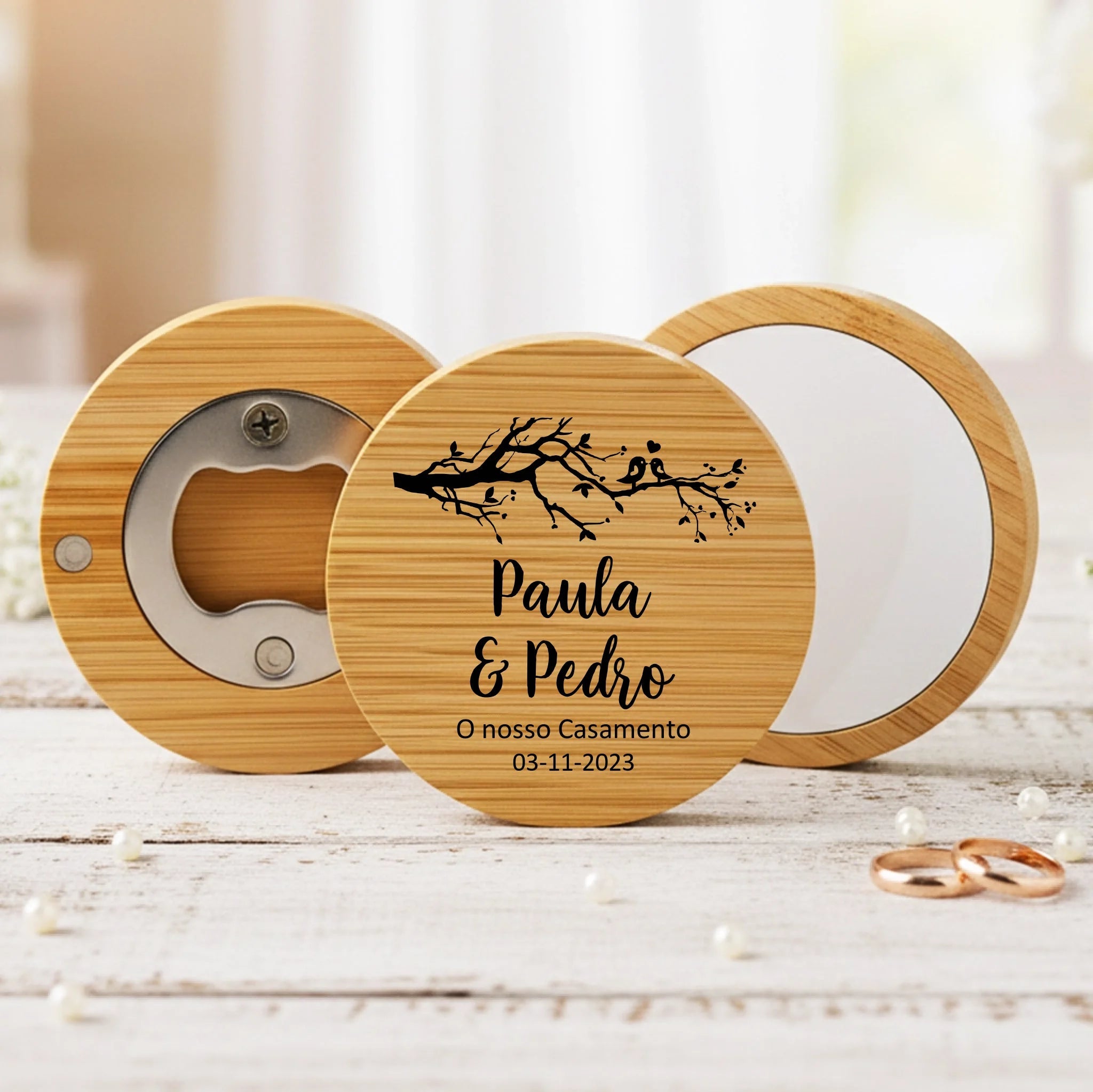 Lembrança Personalizada Descapsulador/ Espelho/ Base para Copos em Bambu - Árvore com Pássaros - Laser Madeira