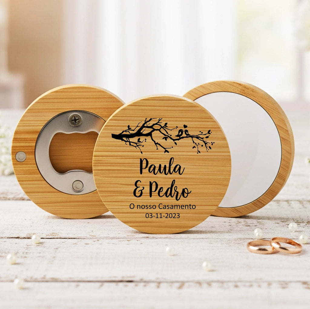 Lembrança Personalizada Descapsulador/ Espelho/ Base para Copos em Bambu - Árvore com Pássaros - Laser Madeira