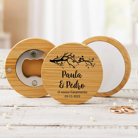 Lembrança Personalizada Descapsulador/ Espelho/ Base para Copos em Bambu - Árvore com Pássaros - Laser Madeira