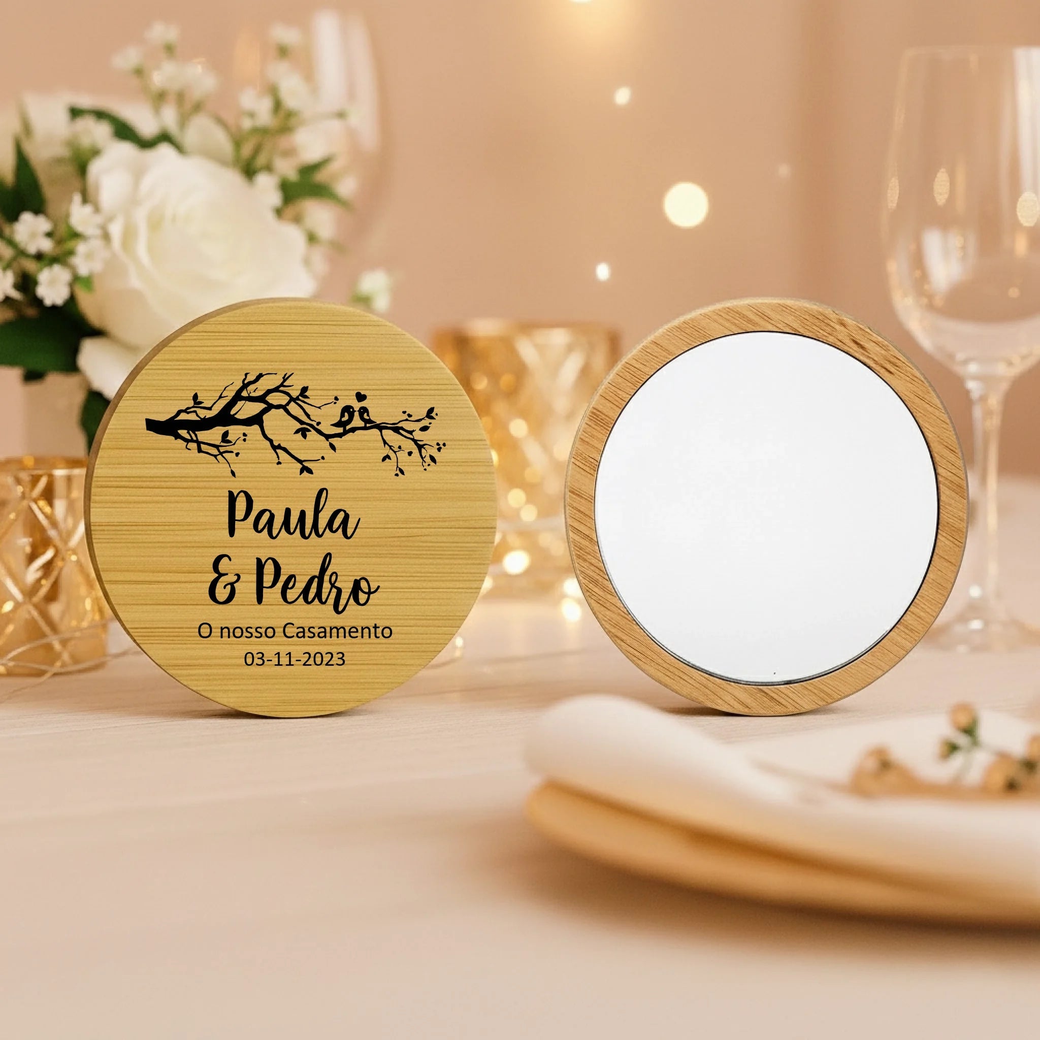 Lembrança Personalizada Descapsulador/ Espelho/ Base para Copos em Bambu - Árvore com Pássaros - Laser Madeira