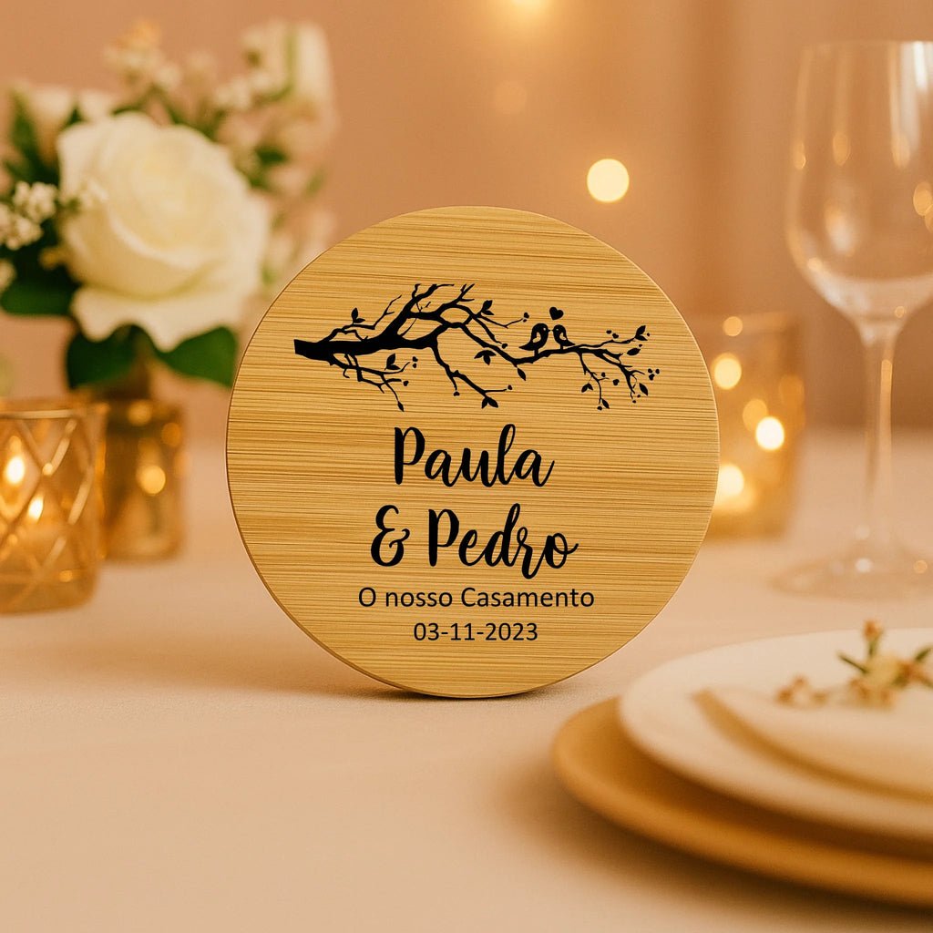 Lembrança Personalizada Descapsulador/ Espelho/ Base para Copos em Bambu - Árvore com Pássaros - Laser Madeira