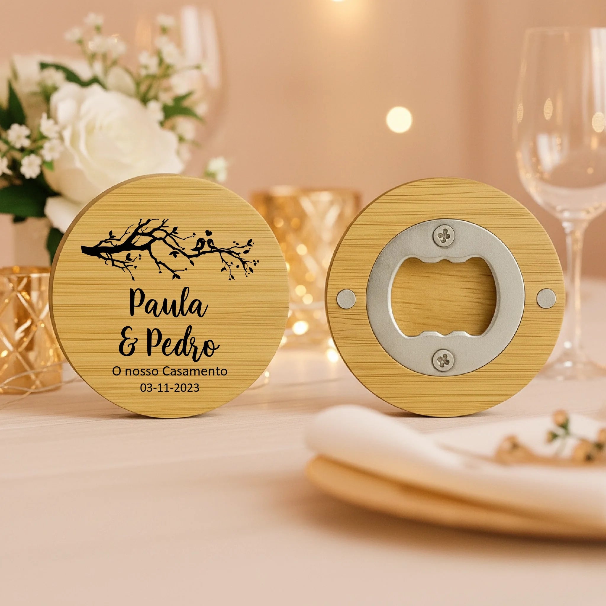 Lembrança Personalizada Descapsulador/ Espelho/ Base para Copos em Bambu - Árvore com Pássaros - Laser Madeira
