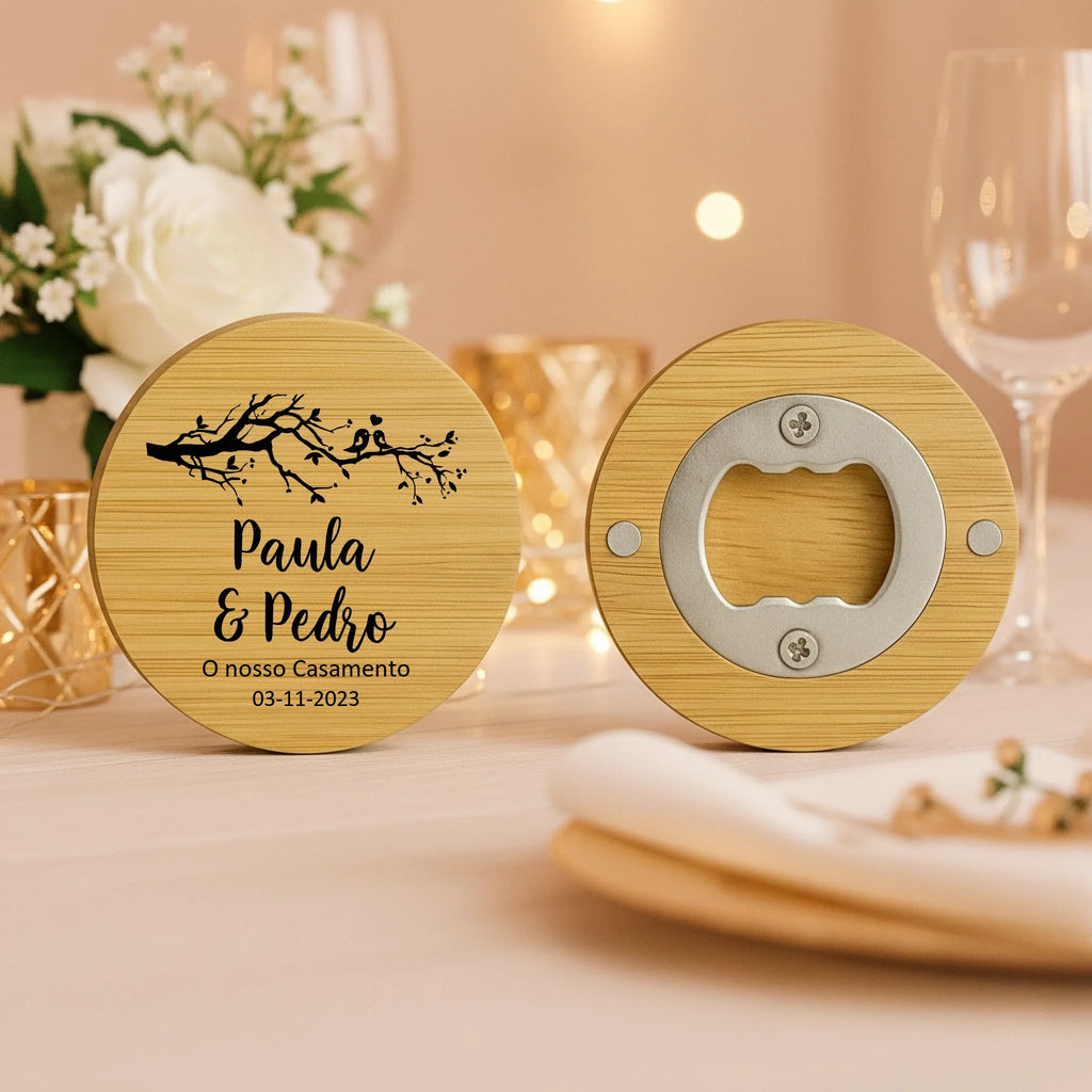 Lembrança Personalizada Descapsulador/ Espelho/ Base para Copos em Bambu - Árvore com Pássaros - Laser Madeira