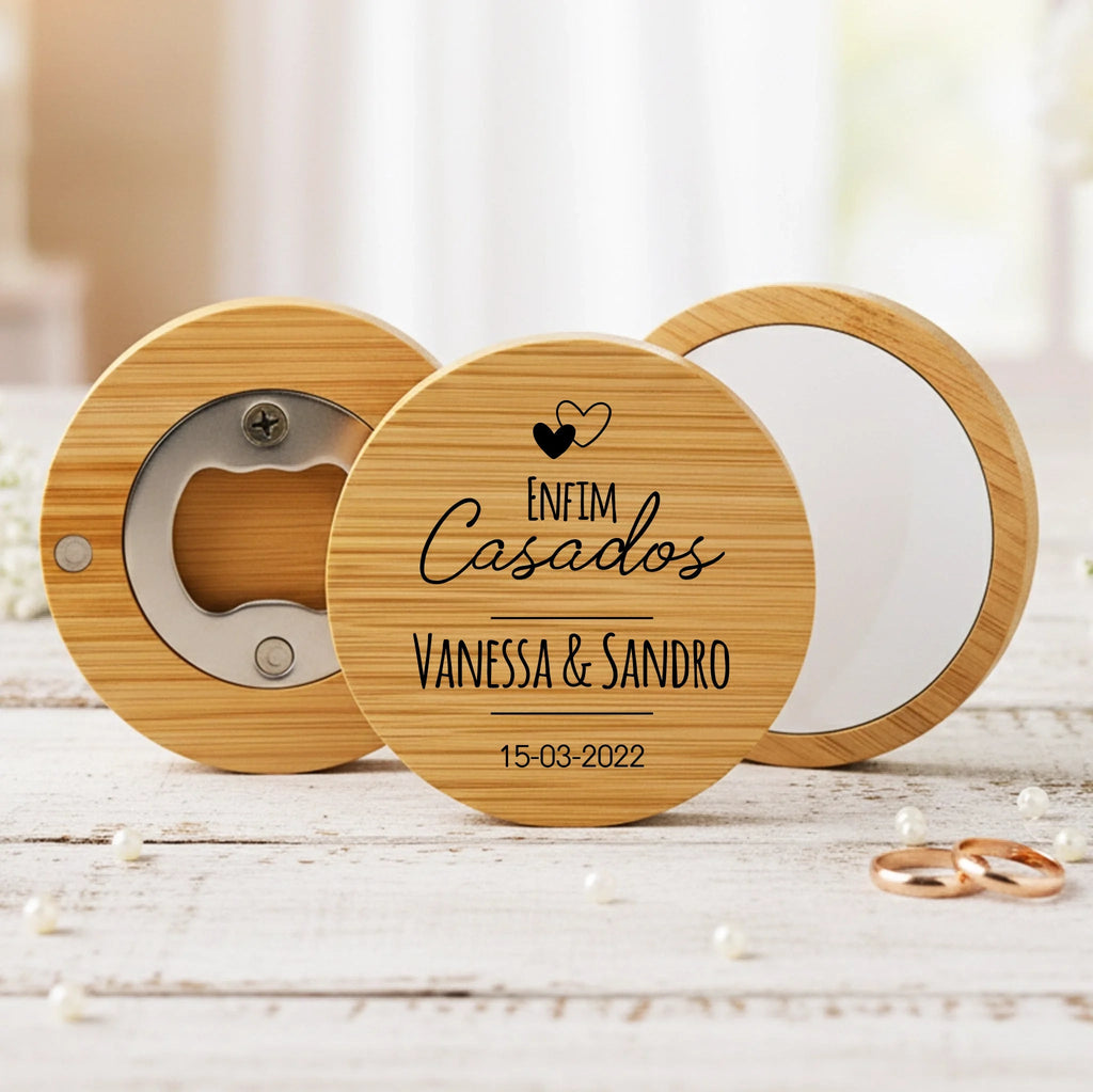 Lembrança Personalizada Descapsulador/ Espelho/ Base para Copos em Bambu - 