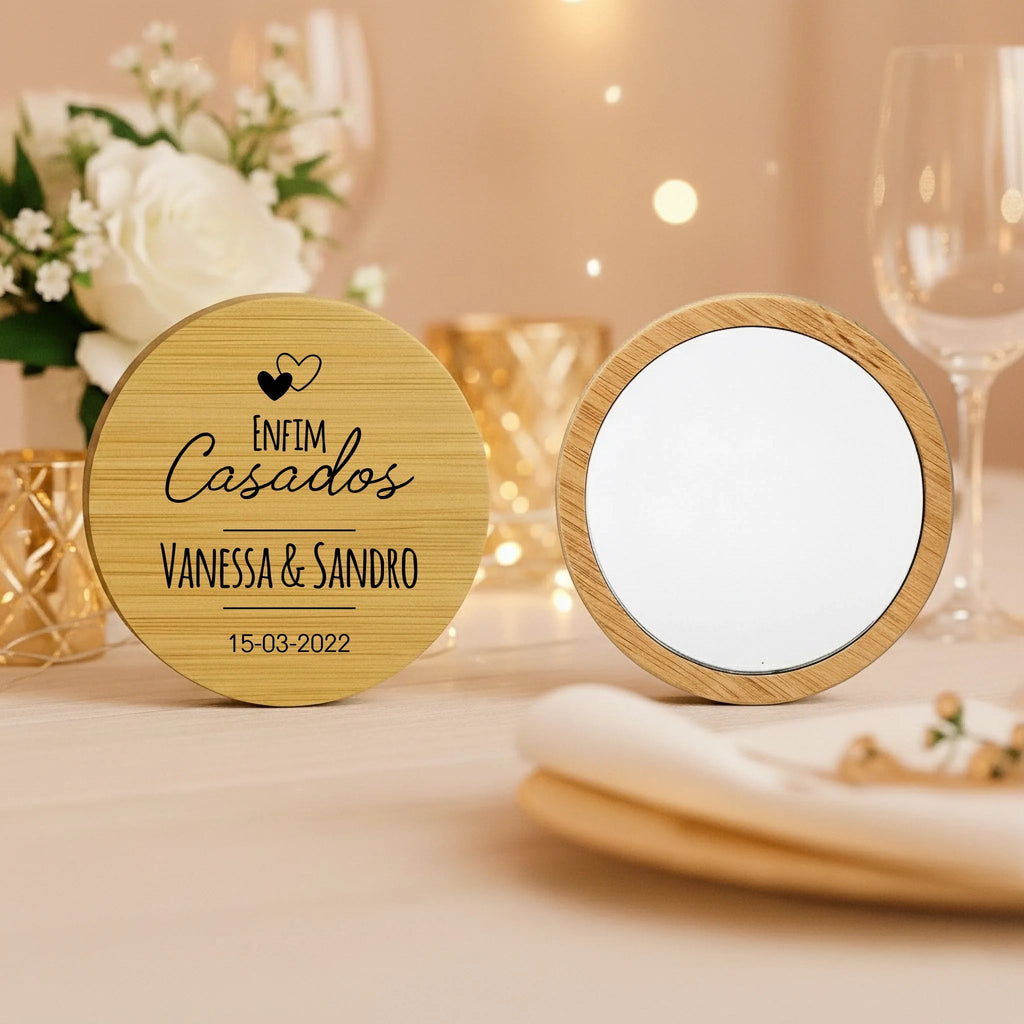 Lembrança Personalizada Descapsulador/ Espelho/ Base para Copos em Bambu - 