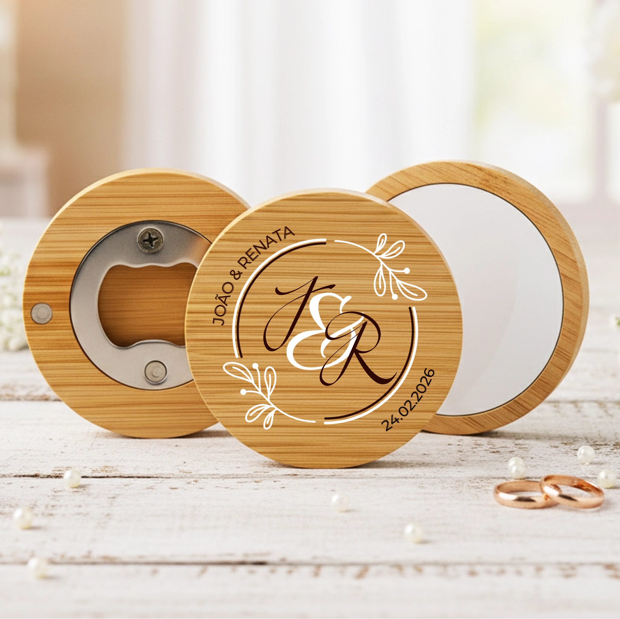 Lembrança Personalizada Descapsulador/ Espelho/ Base para Copos em Bambu - Floral a cores - Laser Madeira