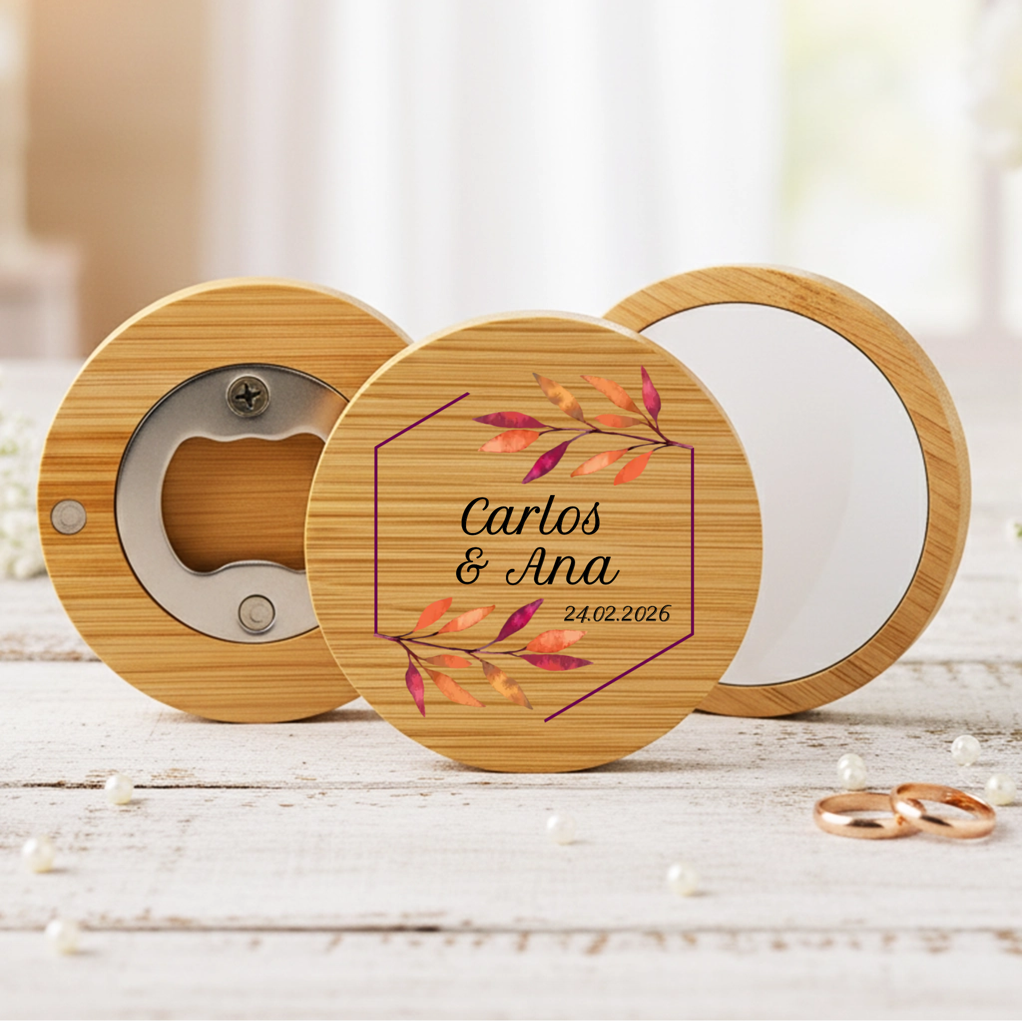 Lembrança Personalizada Descapsulador/ Espelho/ Base para Copos em Bambu - Floral a cores - Laser Madeira