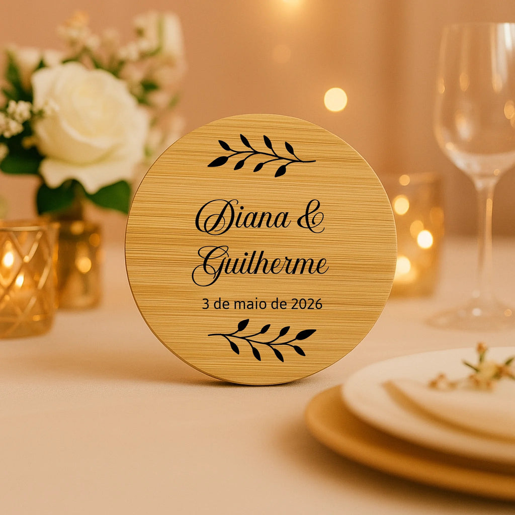 Lembrança Personalizada Descapsulador/ Espelho/ Base para Copos em Bambu - Folhas - Laser Madeira