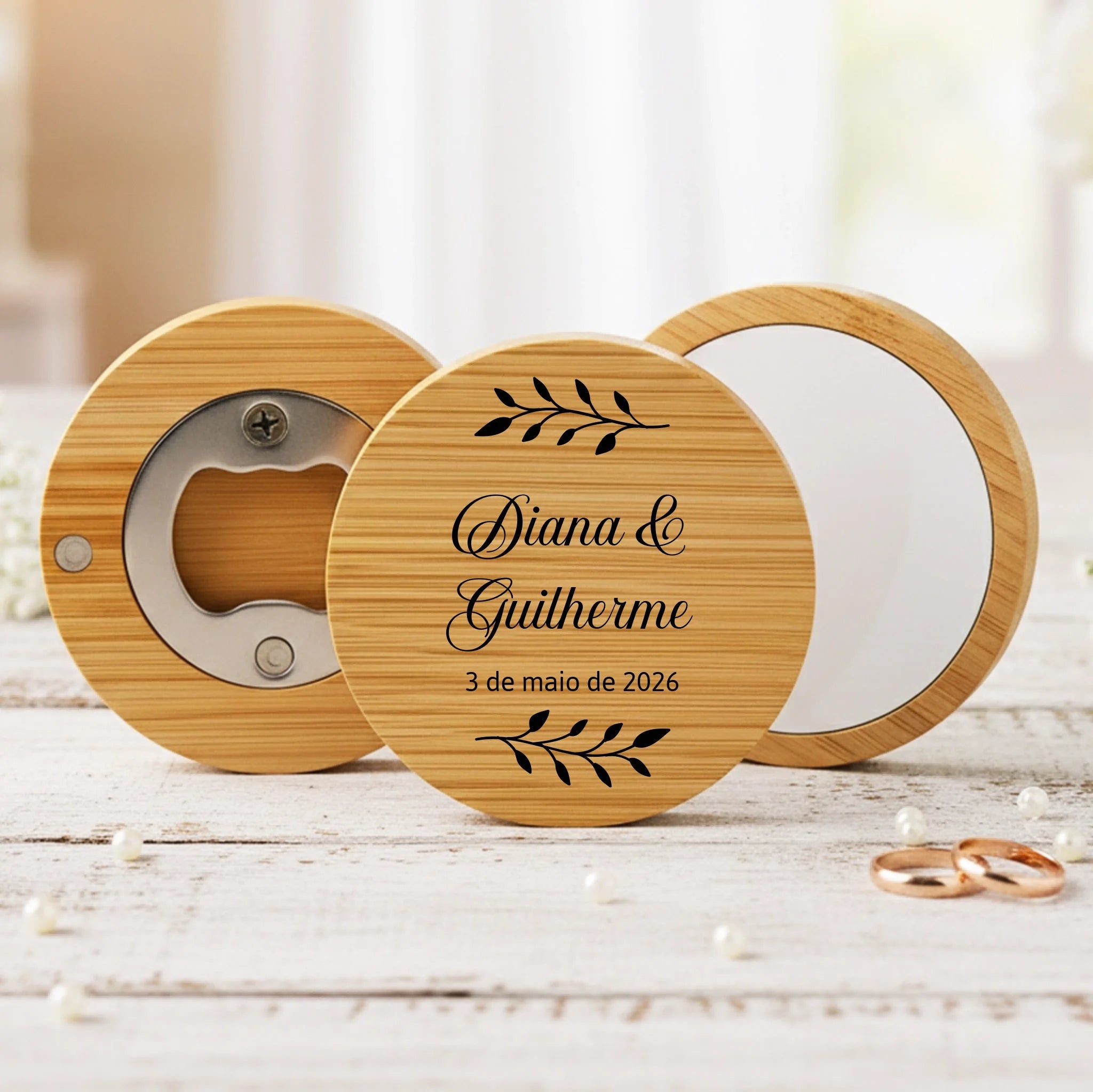 Lembrança Personalizada Descapsulador/ Espelho/ Base para Copos em Bambu - Folhas - Laser Madeira