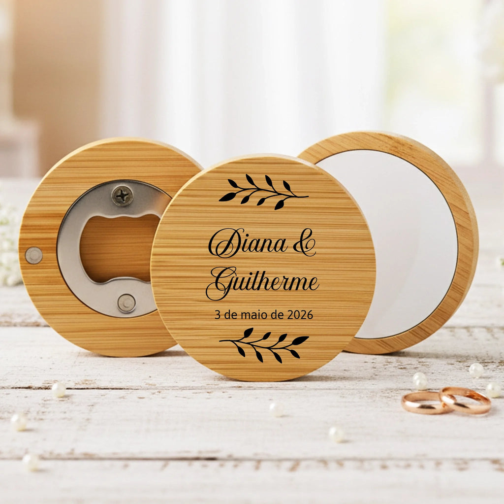 Lembrança Personalizada Descapsulador/ Espelho/ Base para Copos em Bambu - Folhas - Laser Madeira