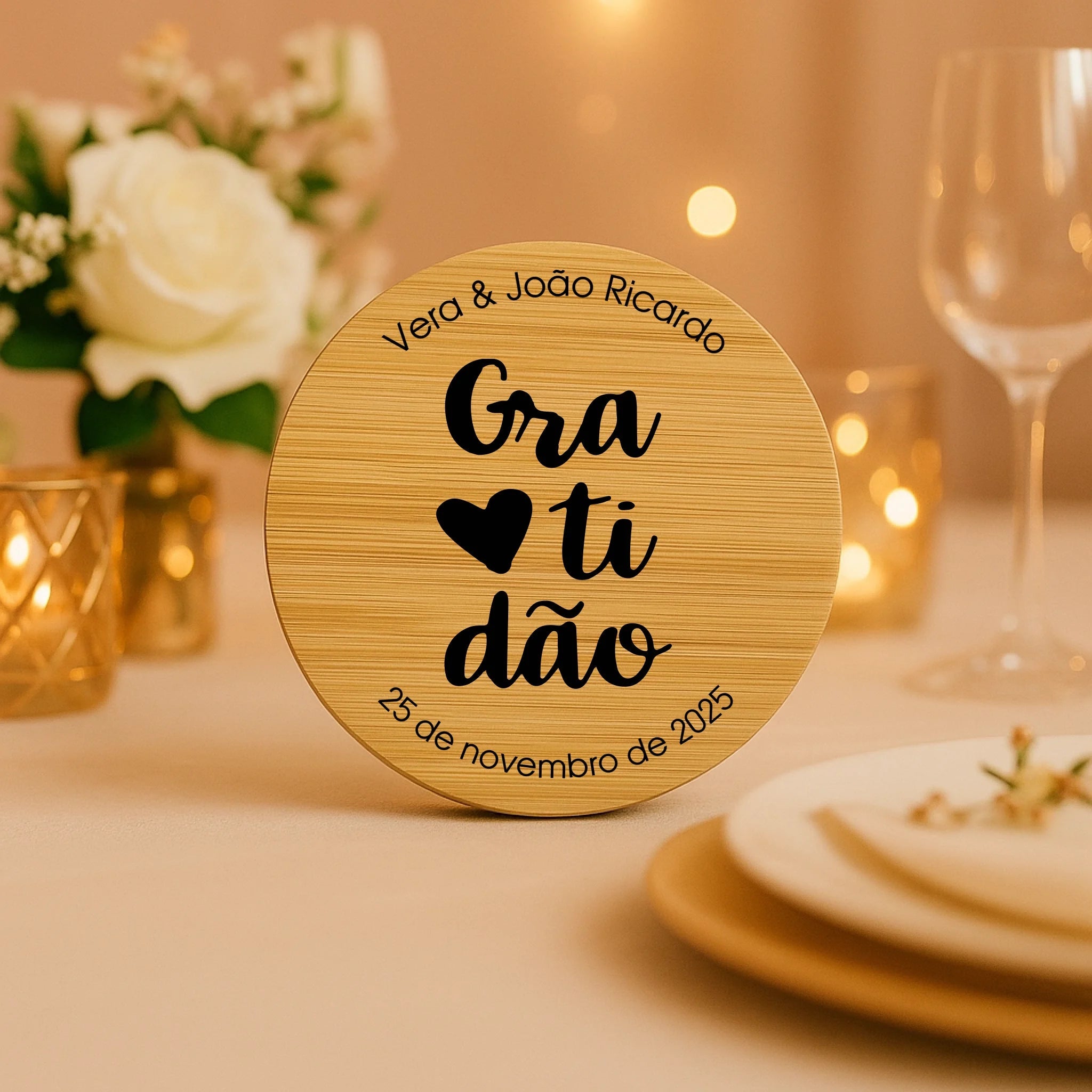 Lembrança Personalizada Descapsulador/ Espelho/ Base para Copos em Bambu - Gratidão - Laser Madeira
