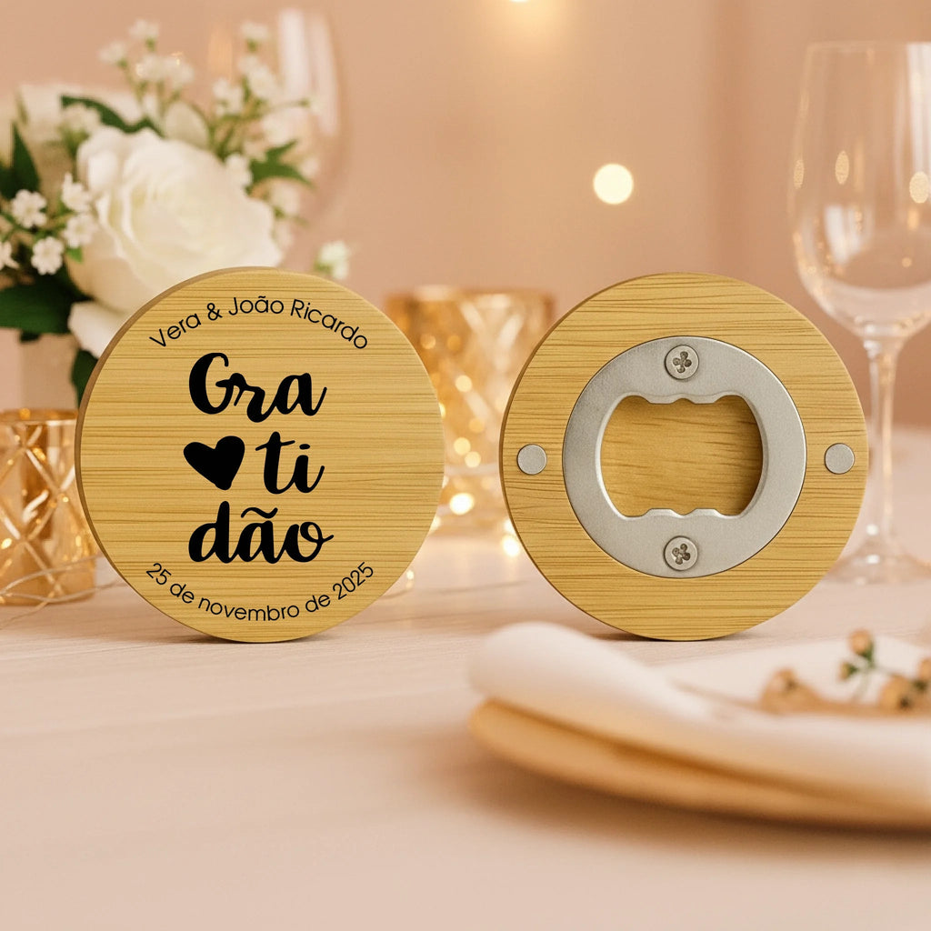Lembrança Personalizada Descapsulador/ Espelho/ Base para Copos em Bambu - Gratidão - Laser Madeira