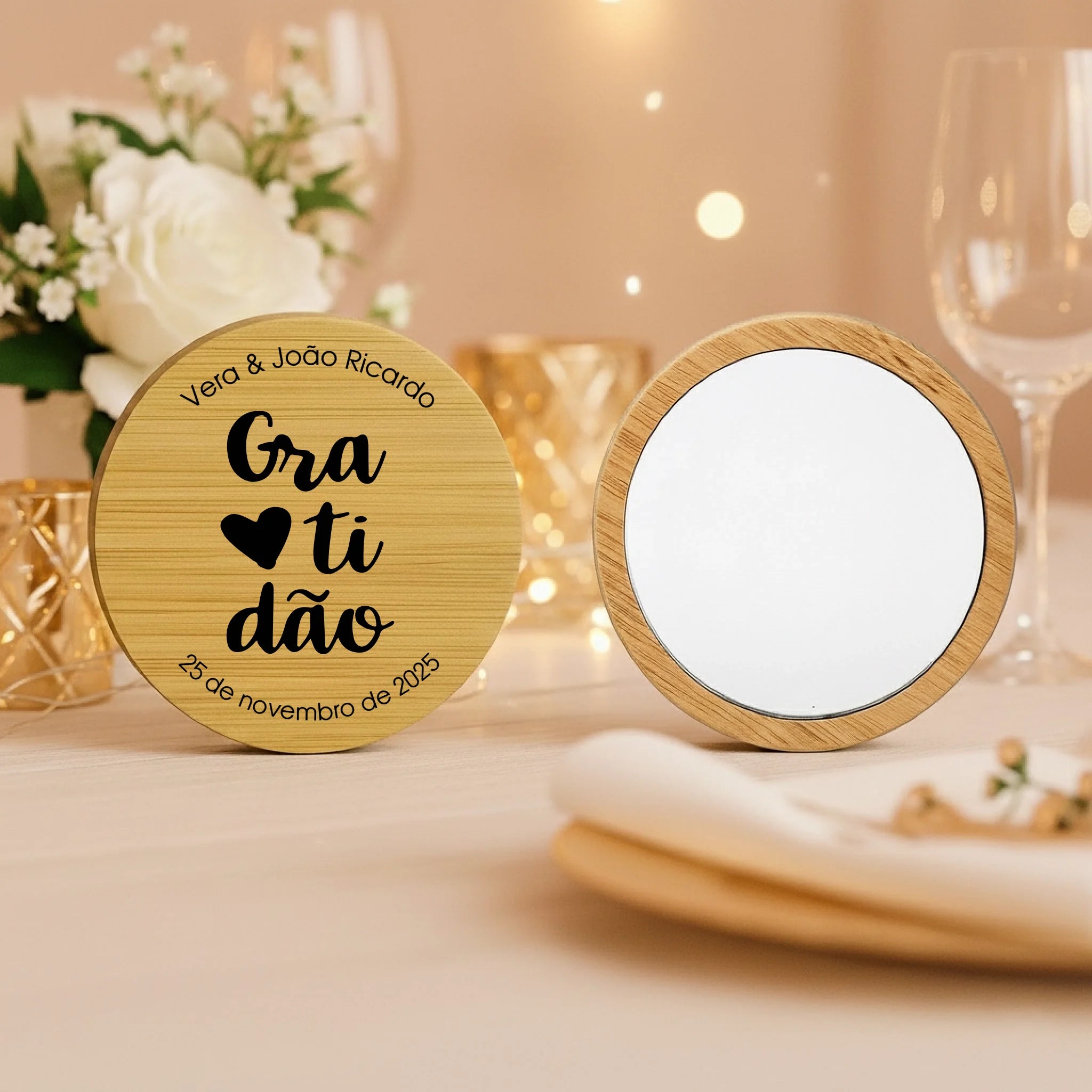 Lembrança Personalizada Descapsulador/ Espelho/ Base para Copos em Bambu - Gratidão - Laser Madeira