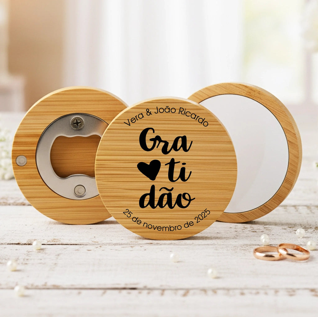 Lembrança Personalizada Descapsulador/ Espelho/ Base para Copos em Bambu - Gratidão - Laser Madeira